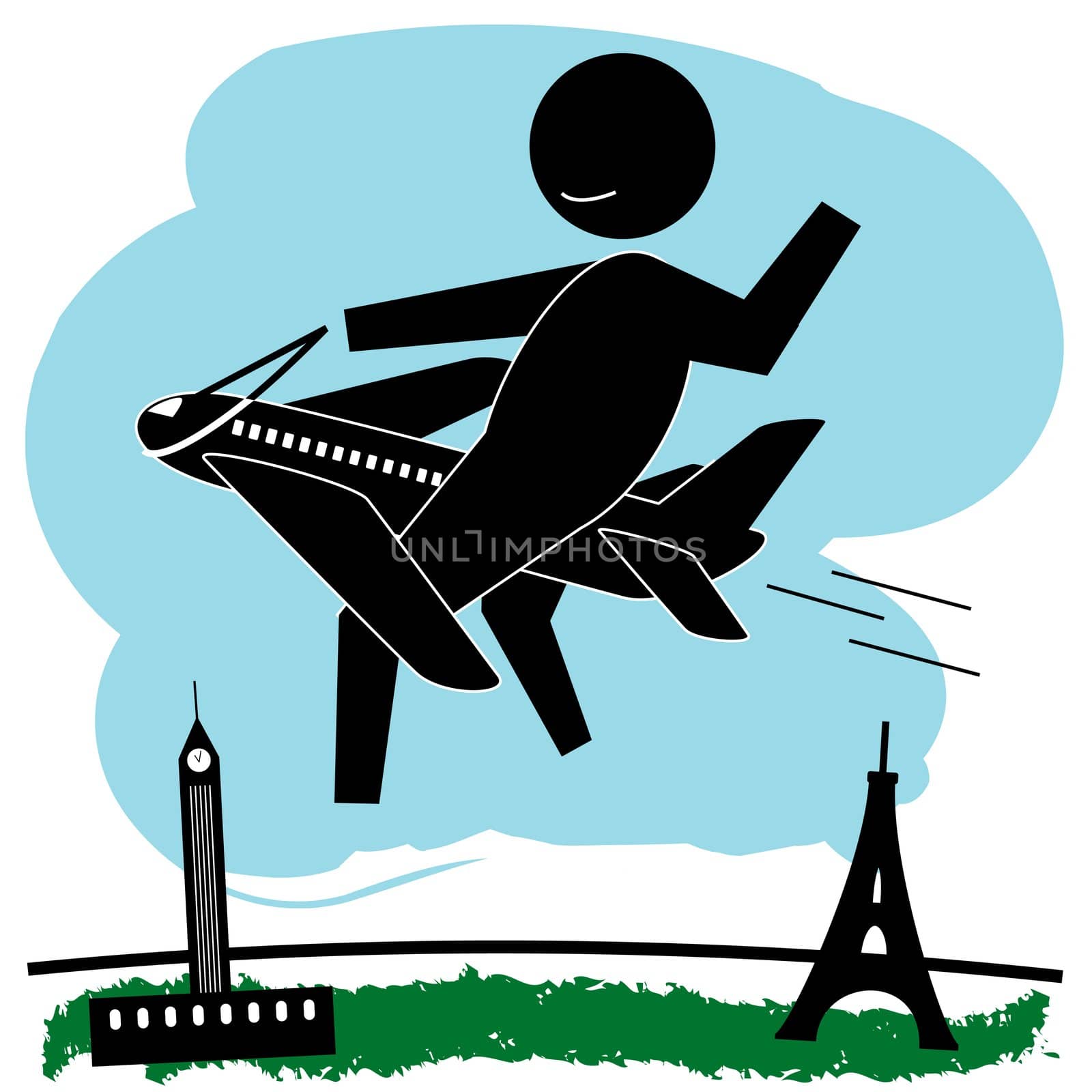 Black graphic figure riding on an airplane over the Eiffel Tower and Big Ben.