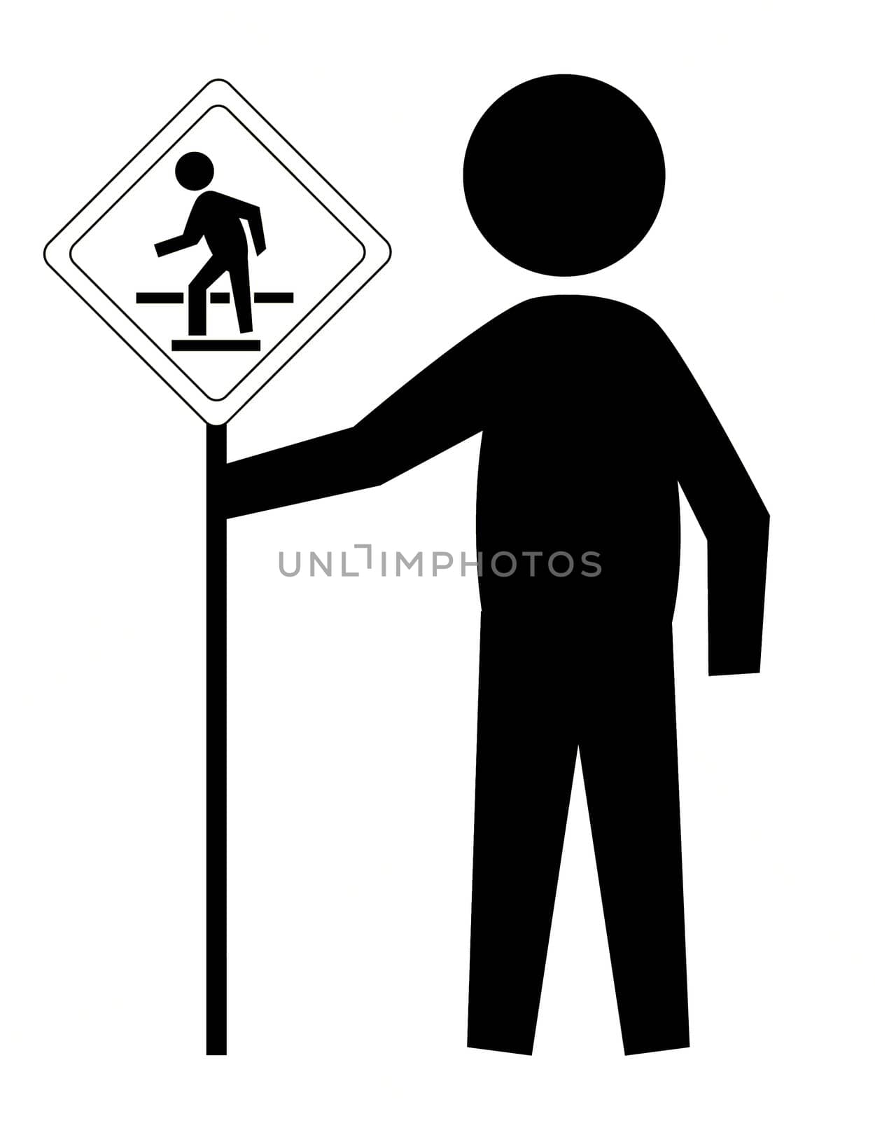 Black graphic figure holding a classic crosswalk street sign