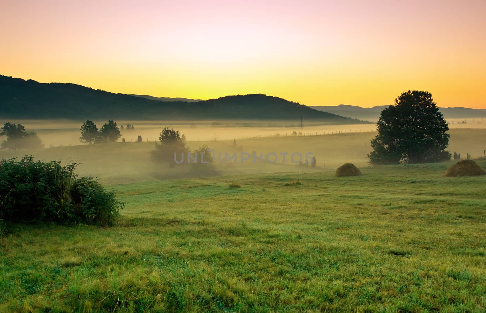 early morning in the village with a sunrise and fog on the field