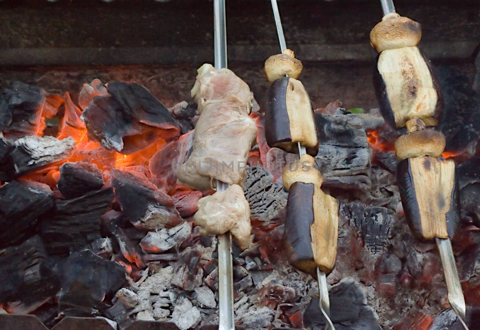 Meat and vegetable shish-kebab on skewers over red-hot coals