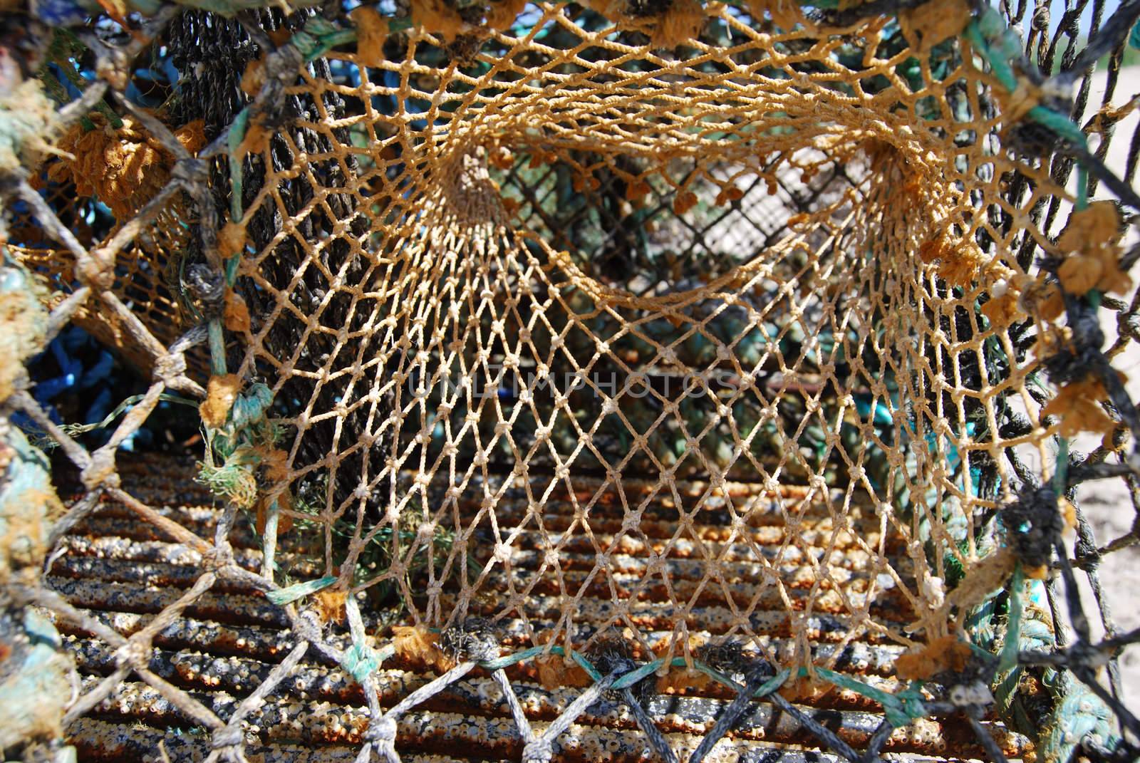 closeup of colorful fishing nets in a harbour
