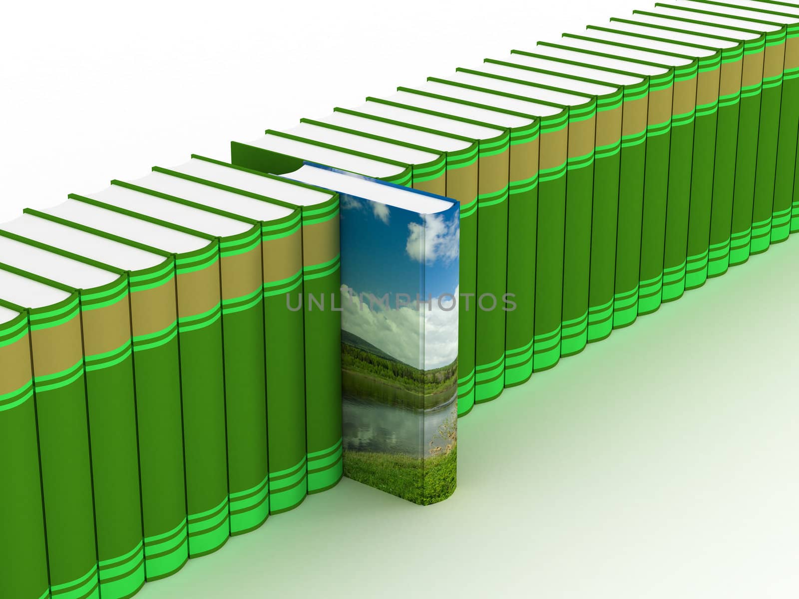 Row of books on a white background. 3D image.