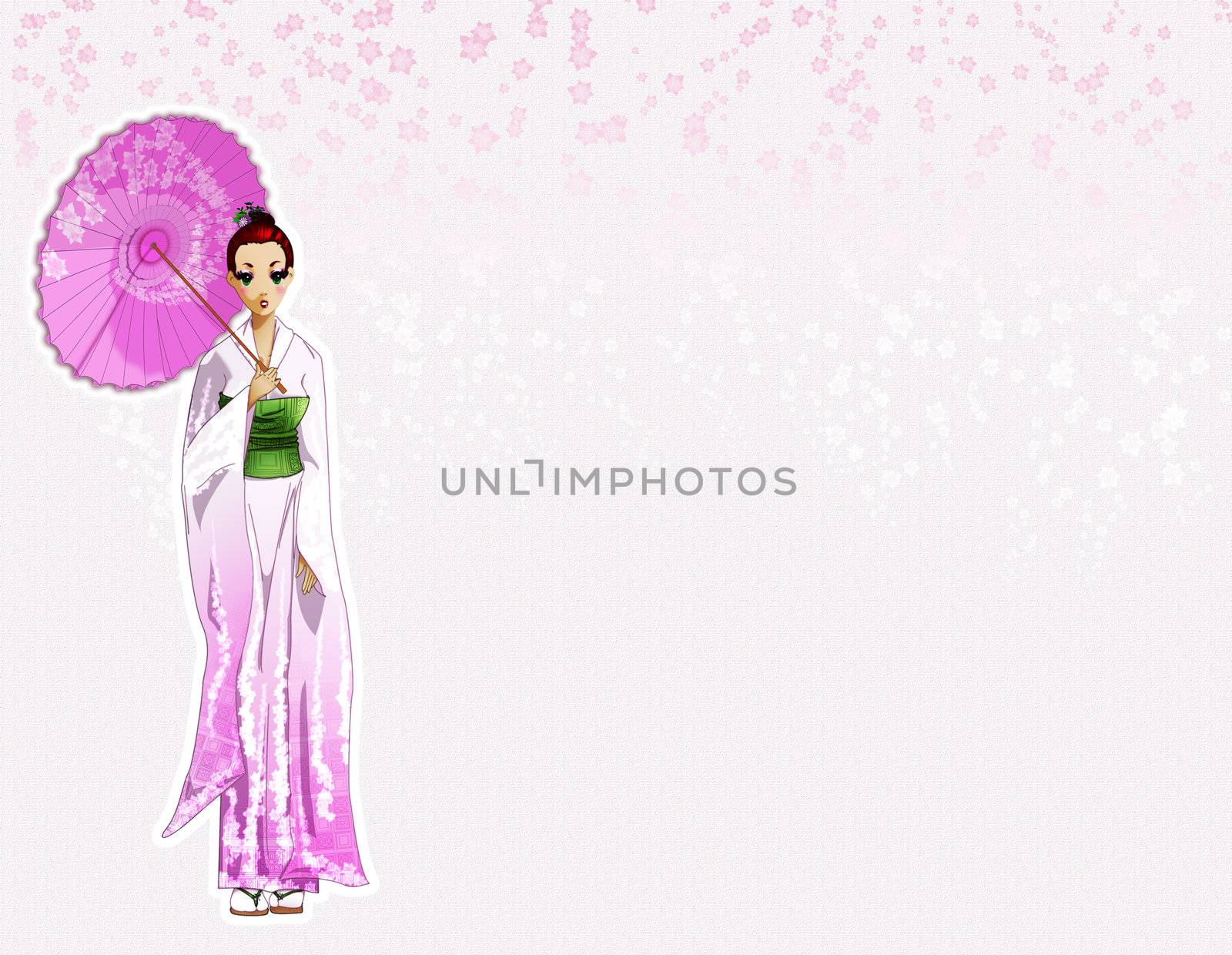 Illustration of a girl in a pink and white kimono with an umbrella.