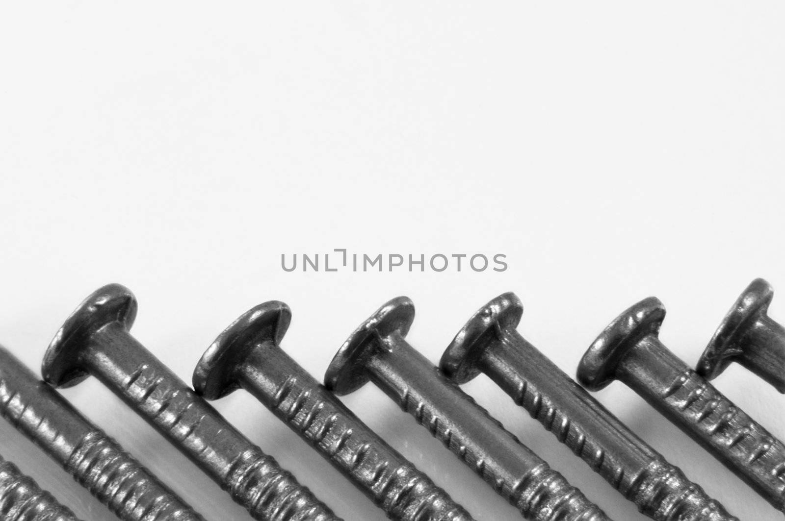 Close up of the heads of steel nails arranged parallel in the lower portion of the image over white.