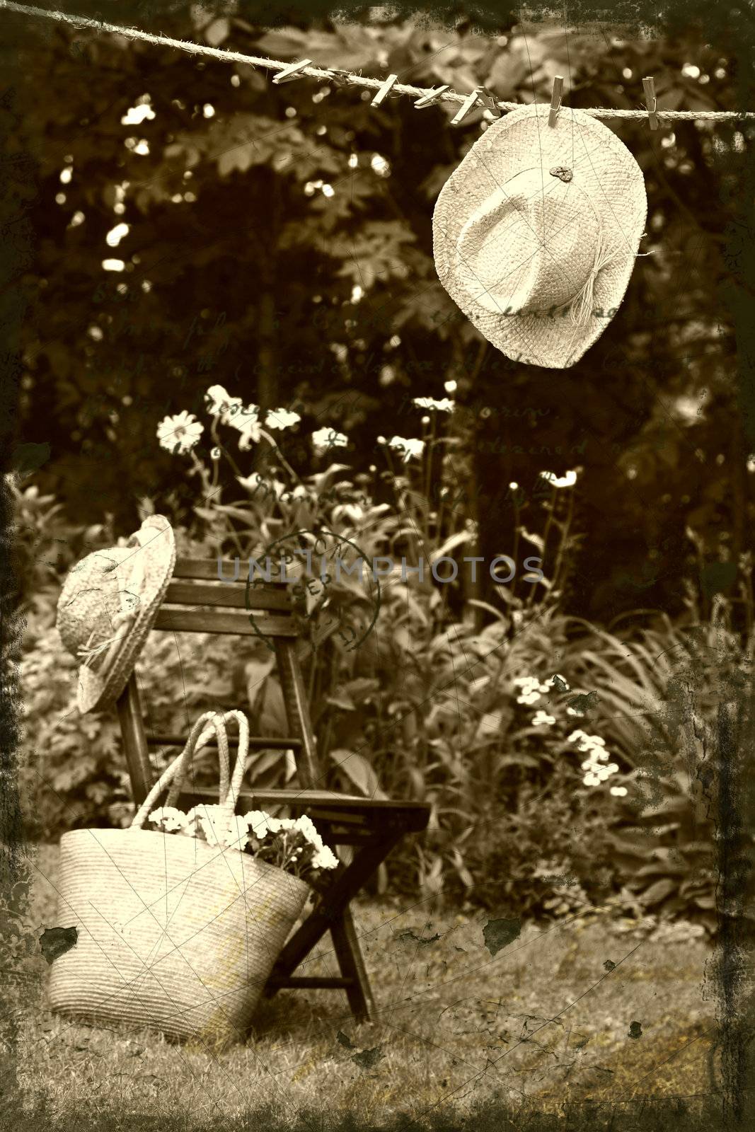 Straw hat hanging on clothesline by Sandralise