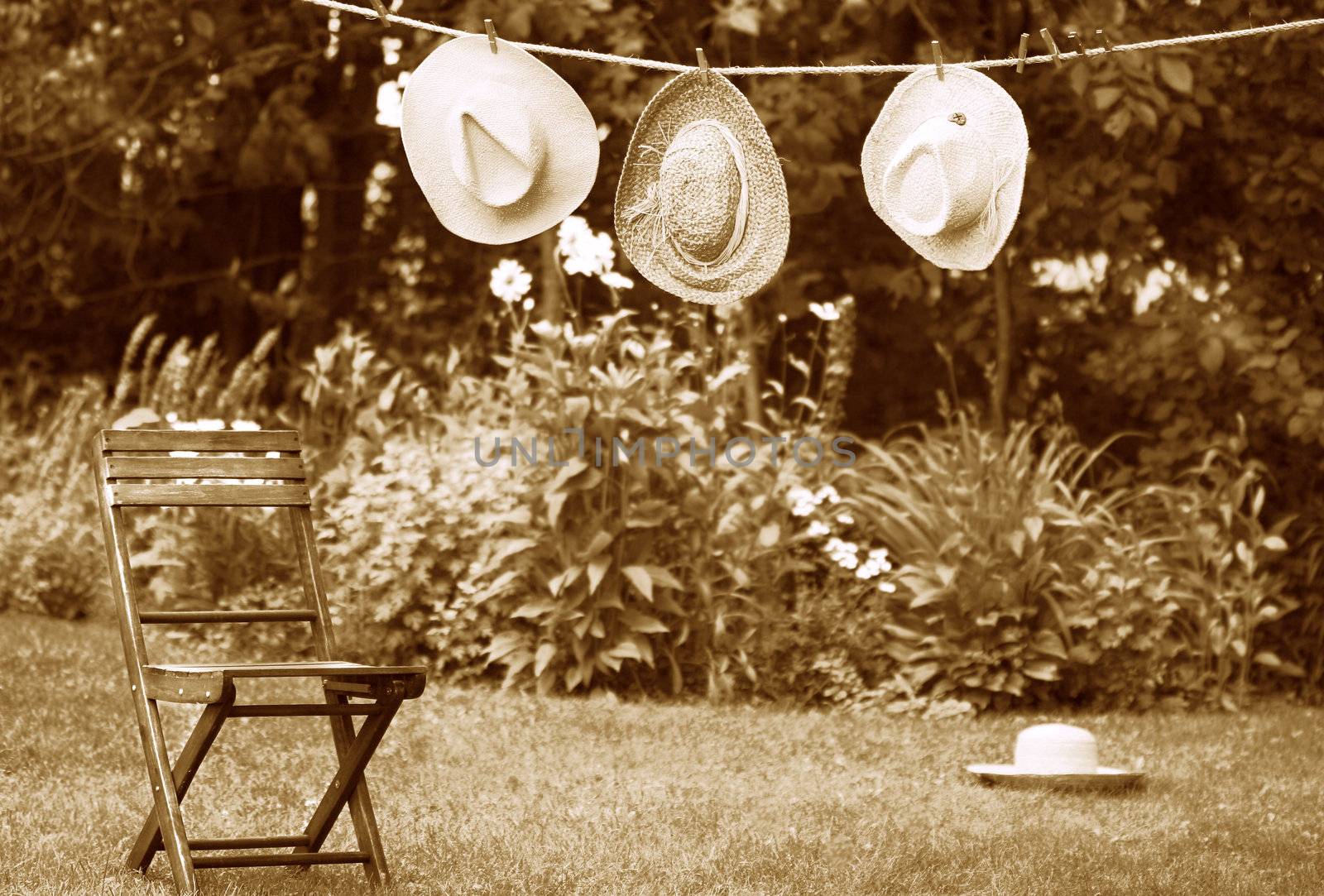 Straw hats on an old clothesline in a summer garden/ Sepia tone