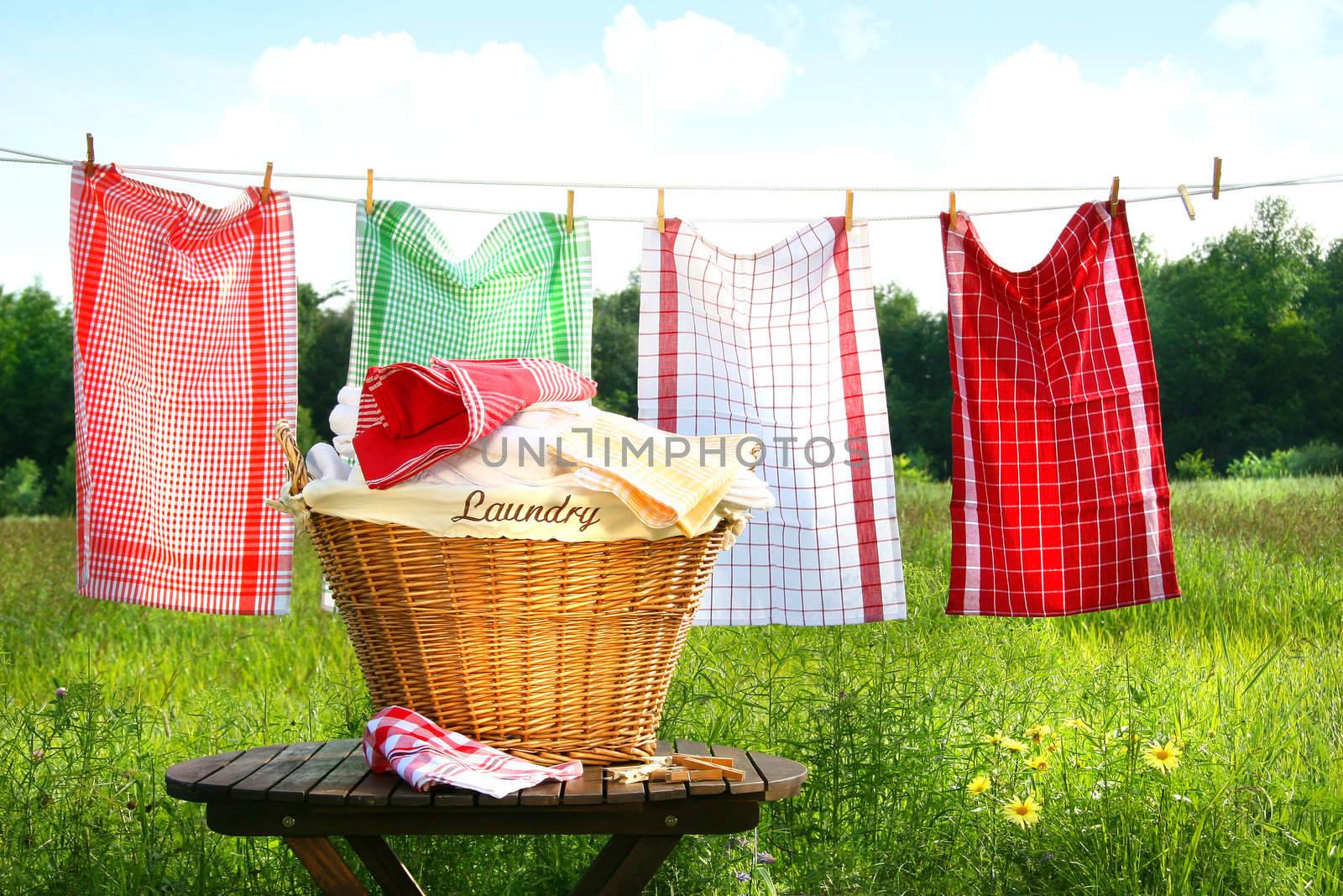 Towels drying on the clothesline with laundry basket