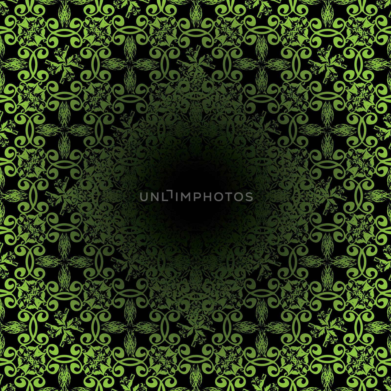 Illustrated seamless abstract green and black floral tile