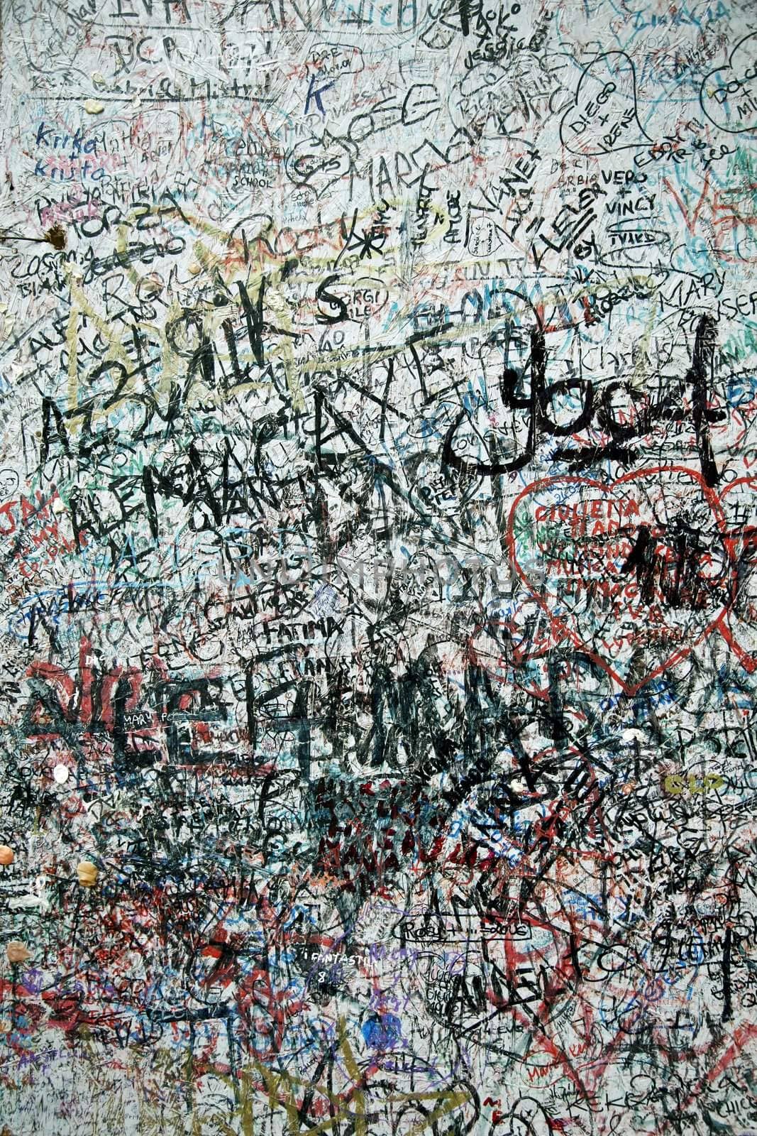 Lovers wall in verona Italy, Large wall of graffiti upon graffiti