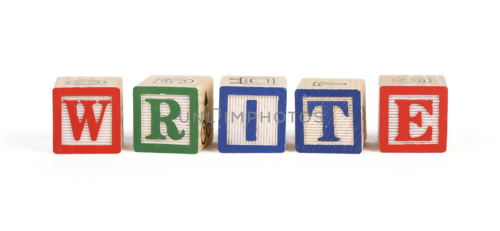 Alphabet blocks lined up to spell write - isolated on white