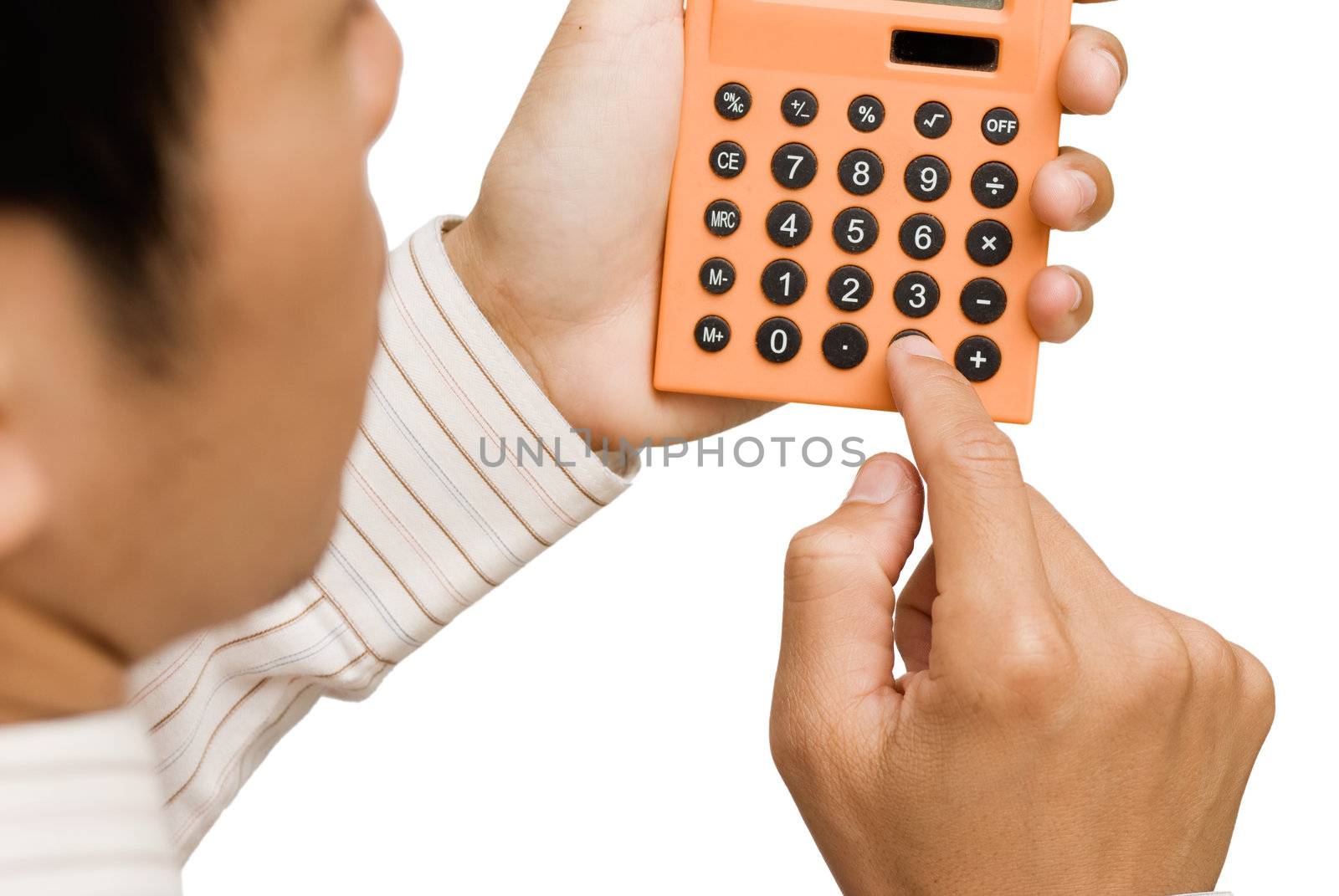 Business man use calculator on white background.