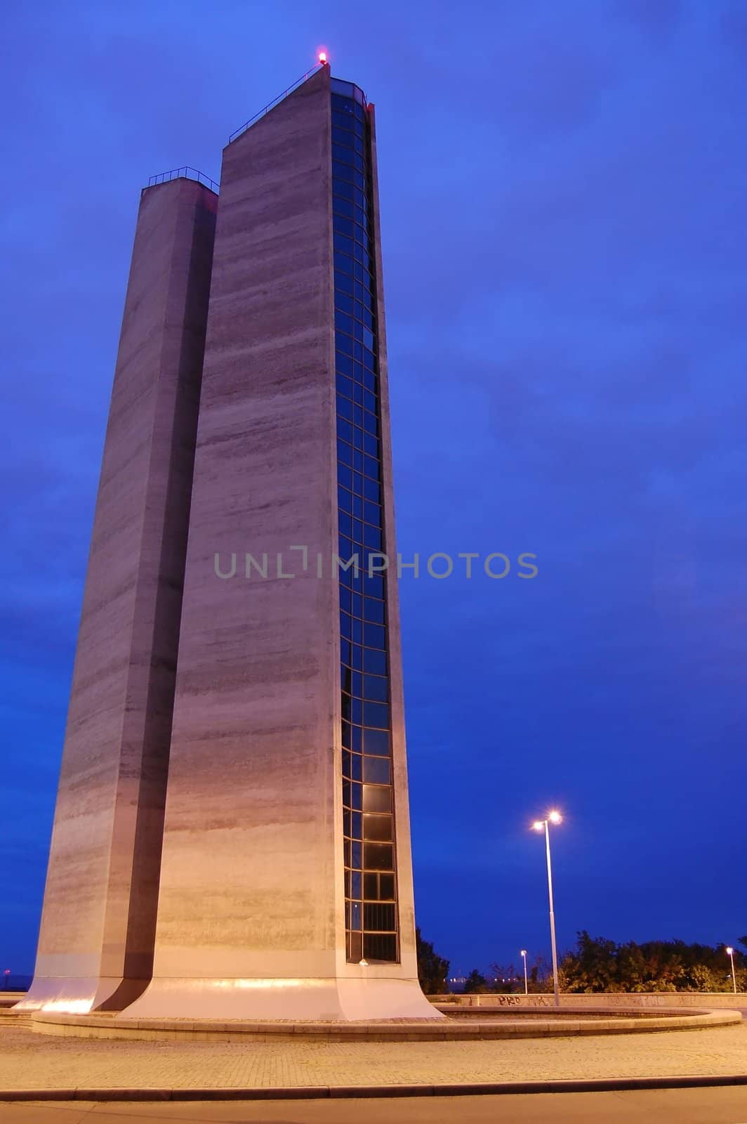 Big double tower in Prague in Czech Republic by night