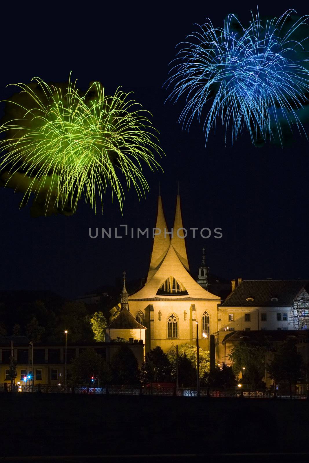 monastery Emauzy (Emmaus)  in Prague with fireworks by night 