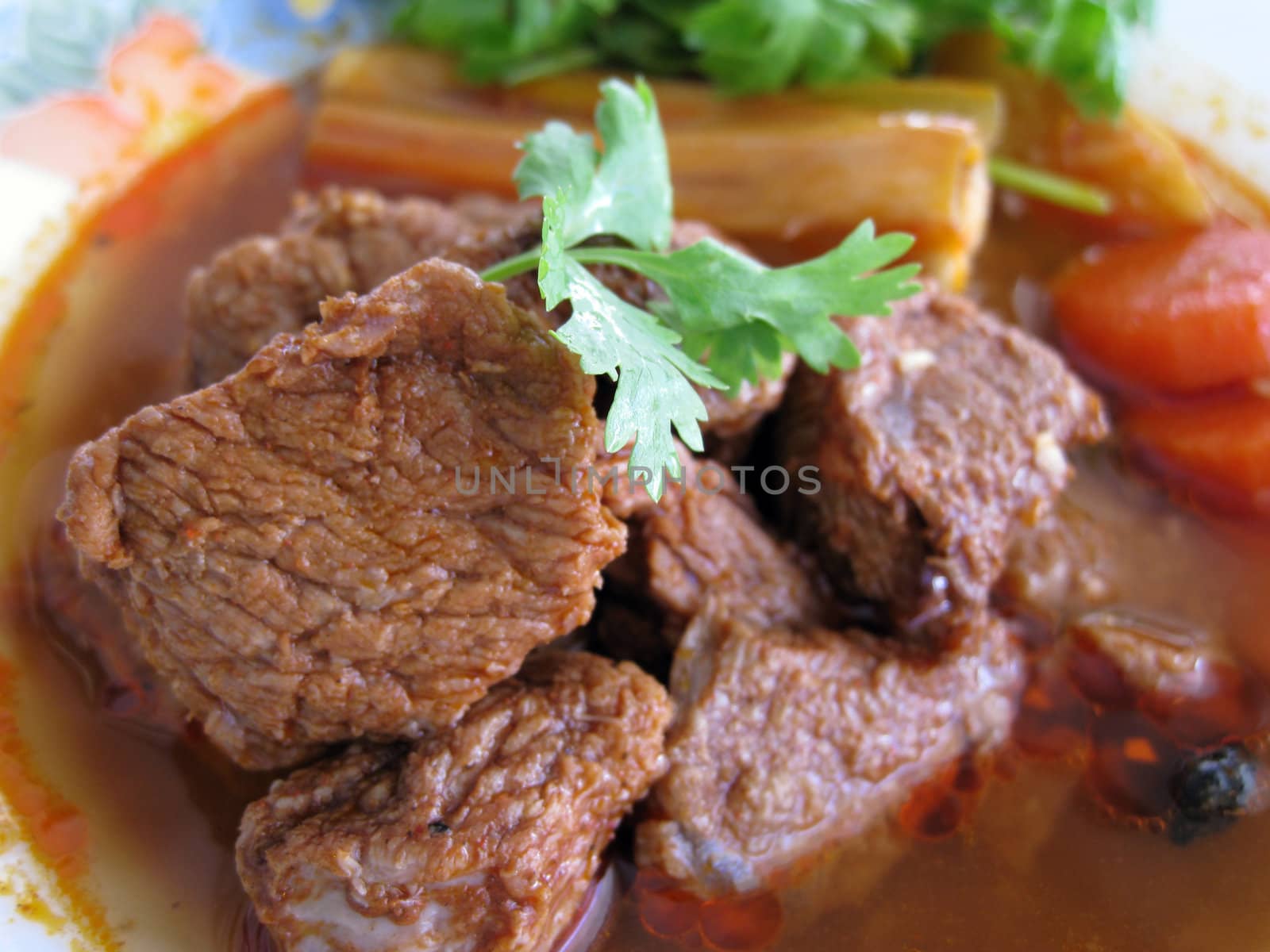 close up for a plate of beef stewed