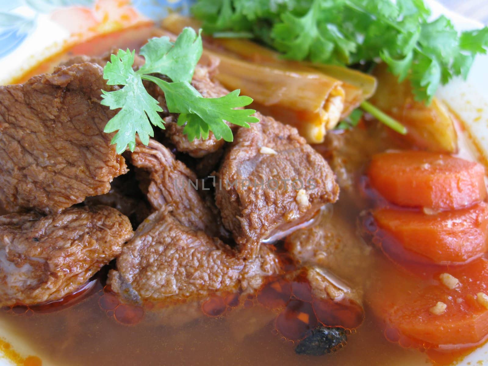 close up for a plate of beef stewed