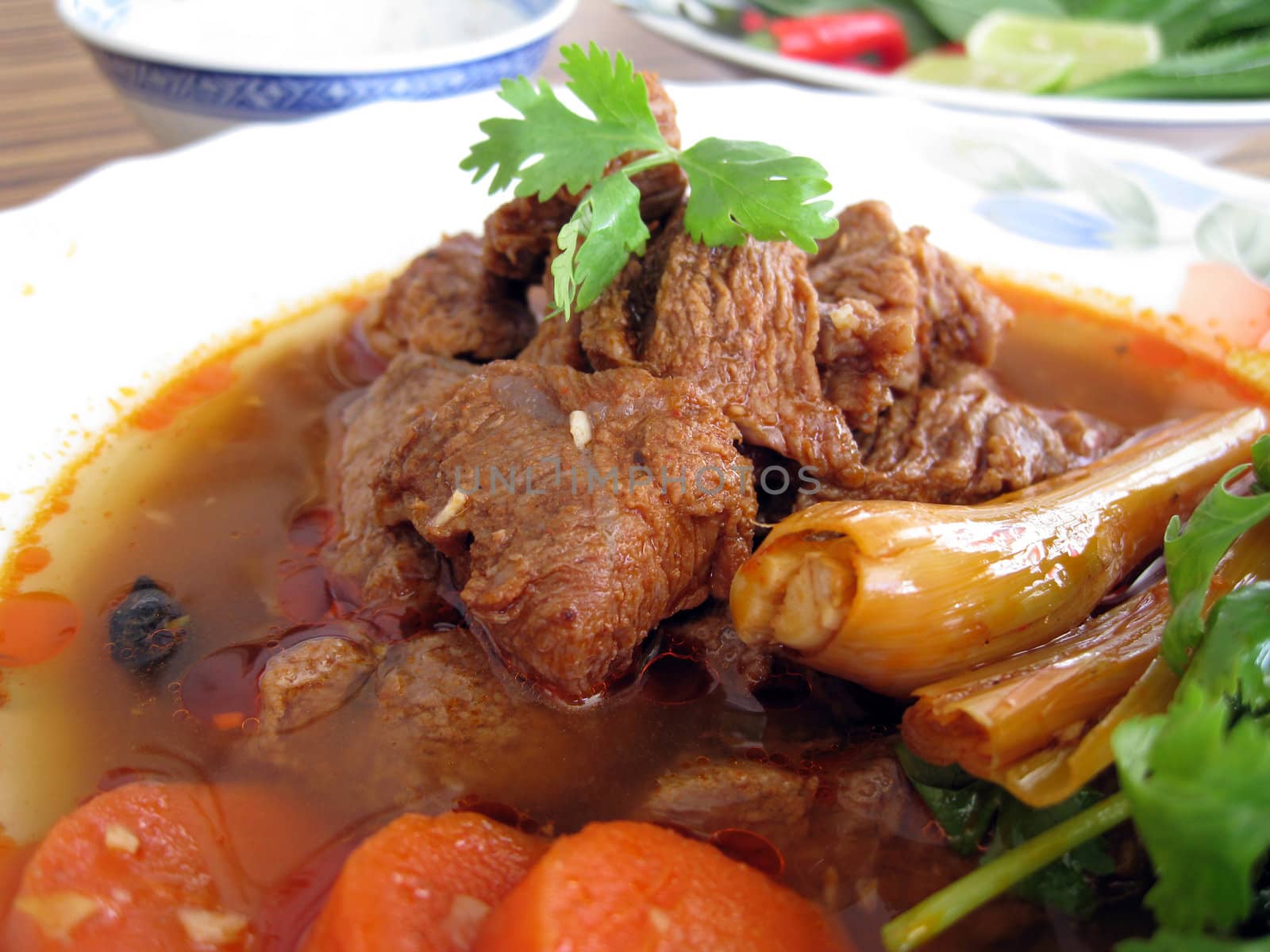 close up for a plate of beef stewed