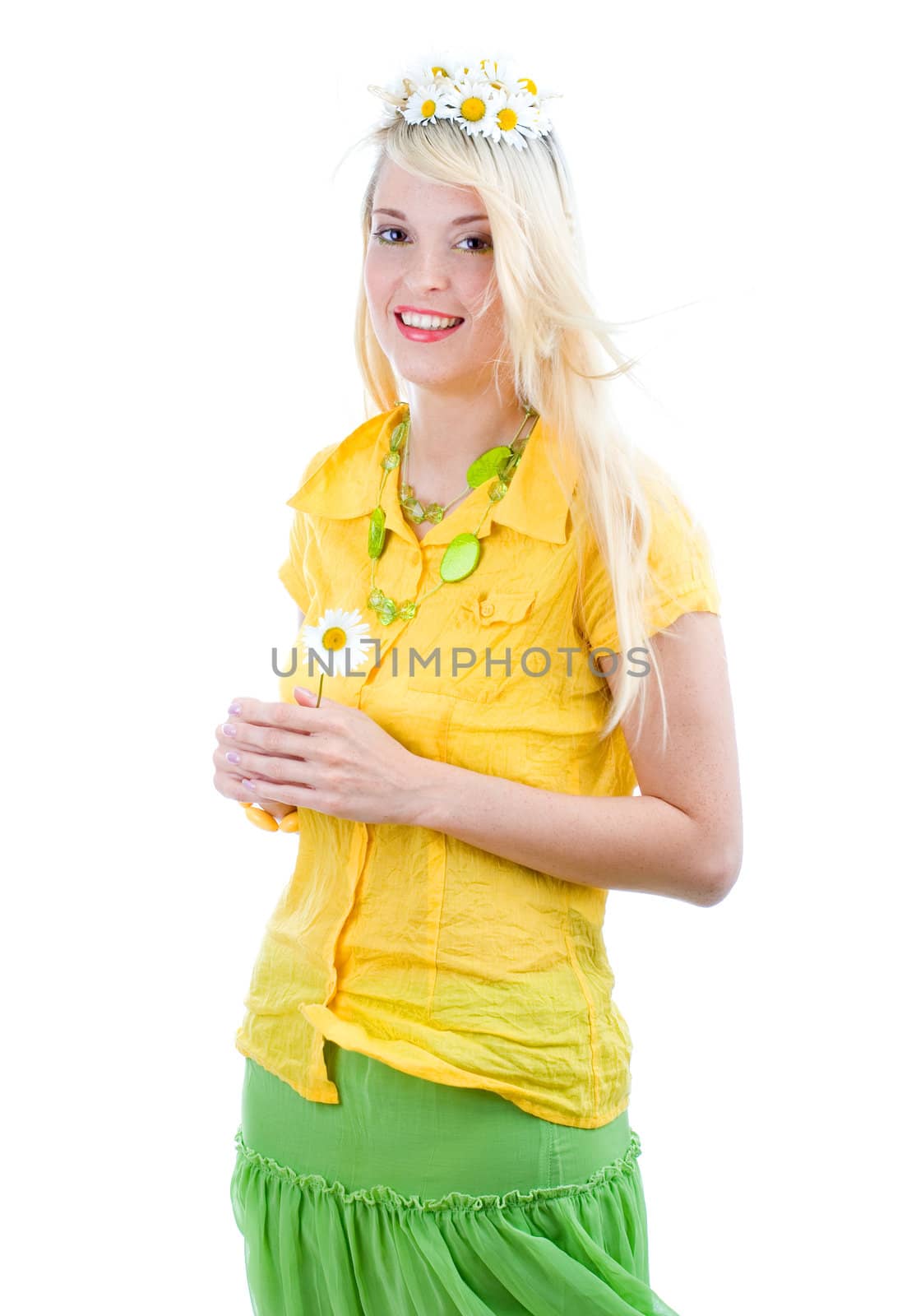 Attractive pretty girl with camomilles in hair on isolated background