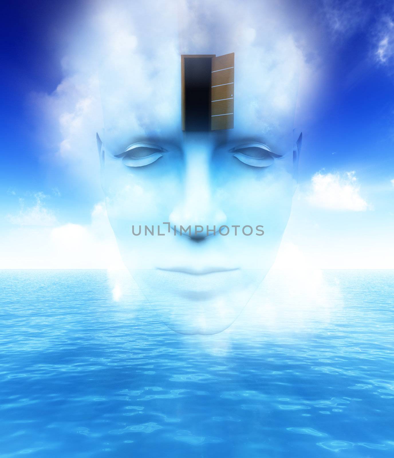 A very abstract and conceptual image of a mans face, all about imagination and open mindness.