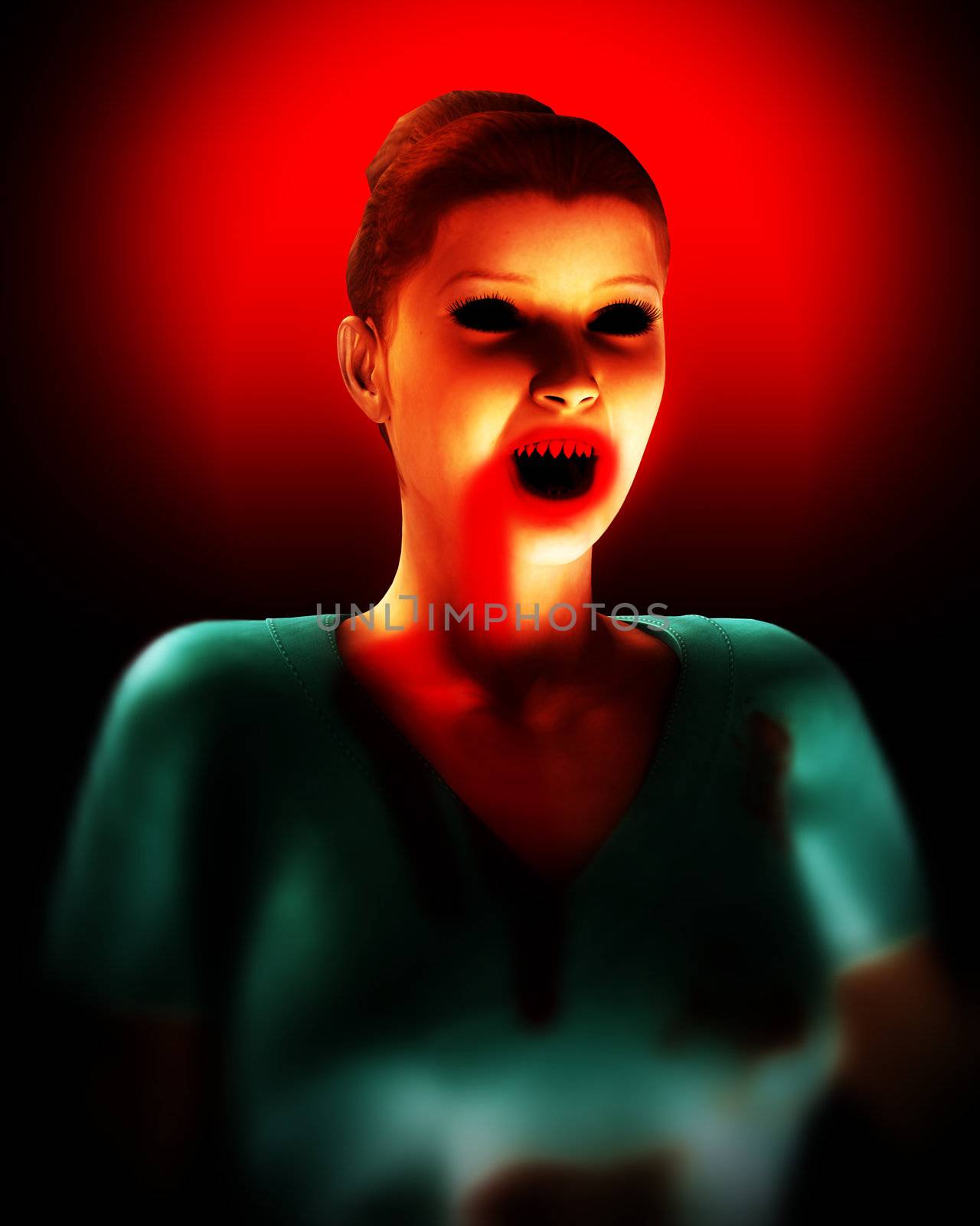 A image of a vampire nurse in with blood all over her scrubs clothing. It would be a good Halloween image.