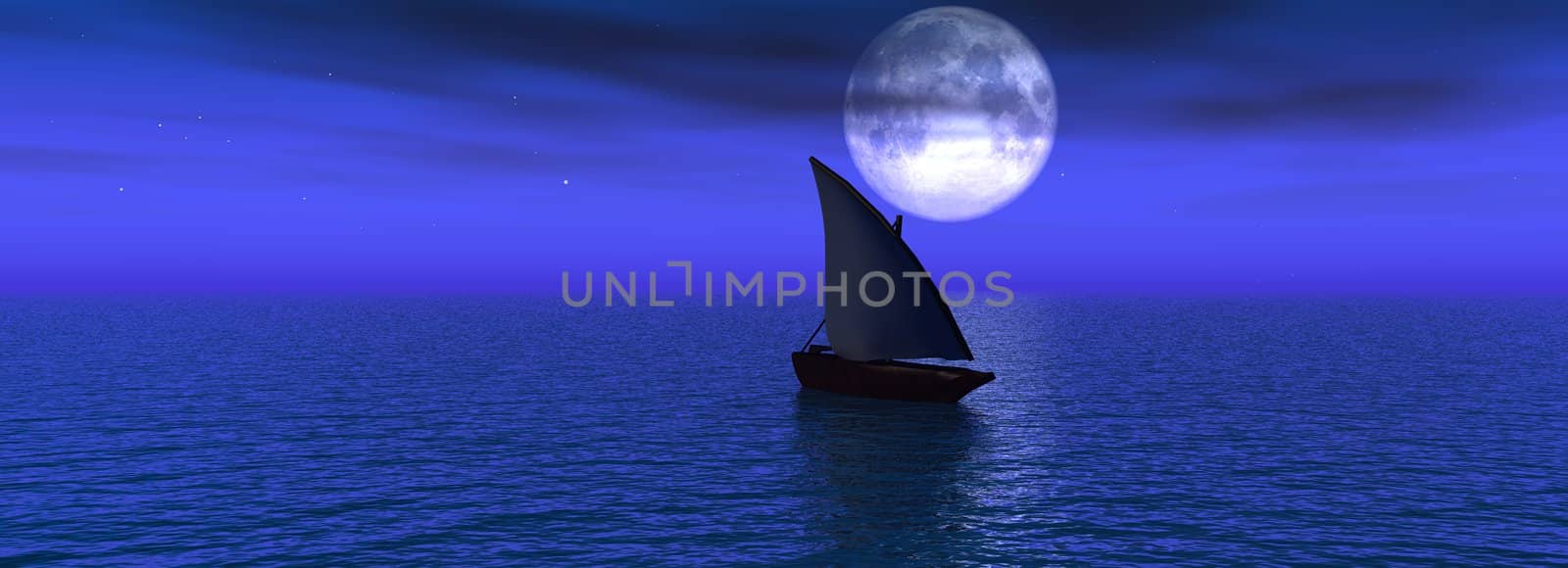 The Panorama of night sea. The Illustration 3D.