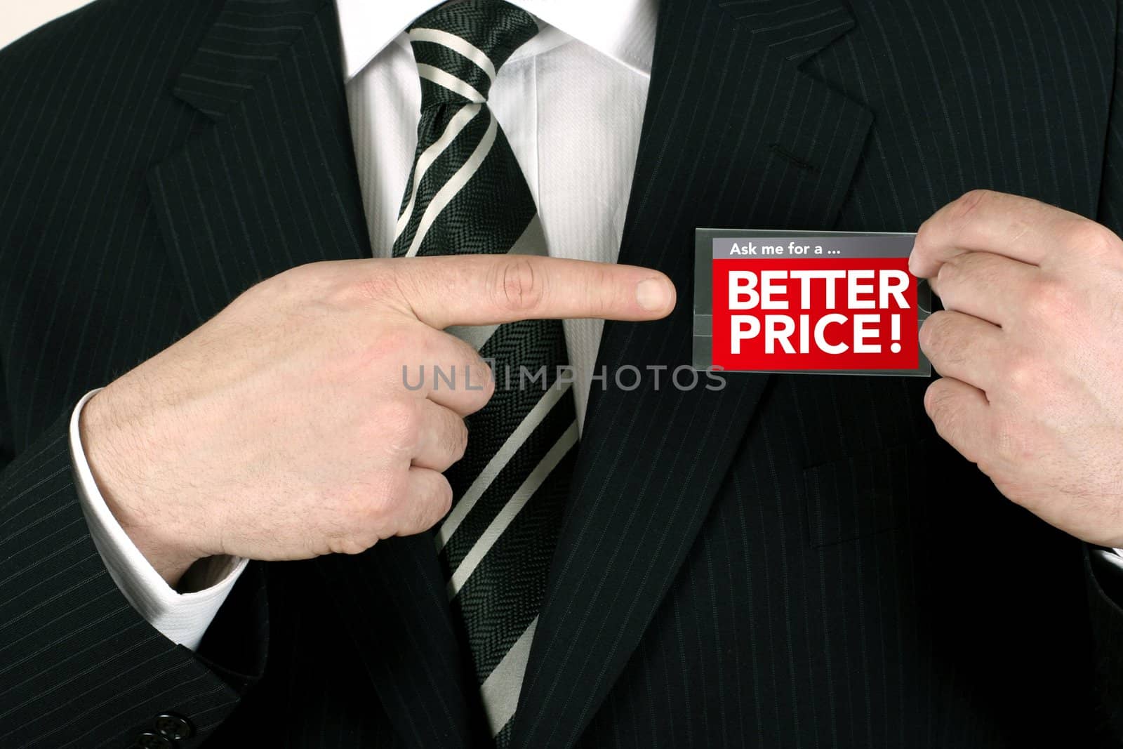 Sales person pointing to a badge offering a special price
