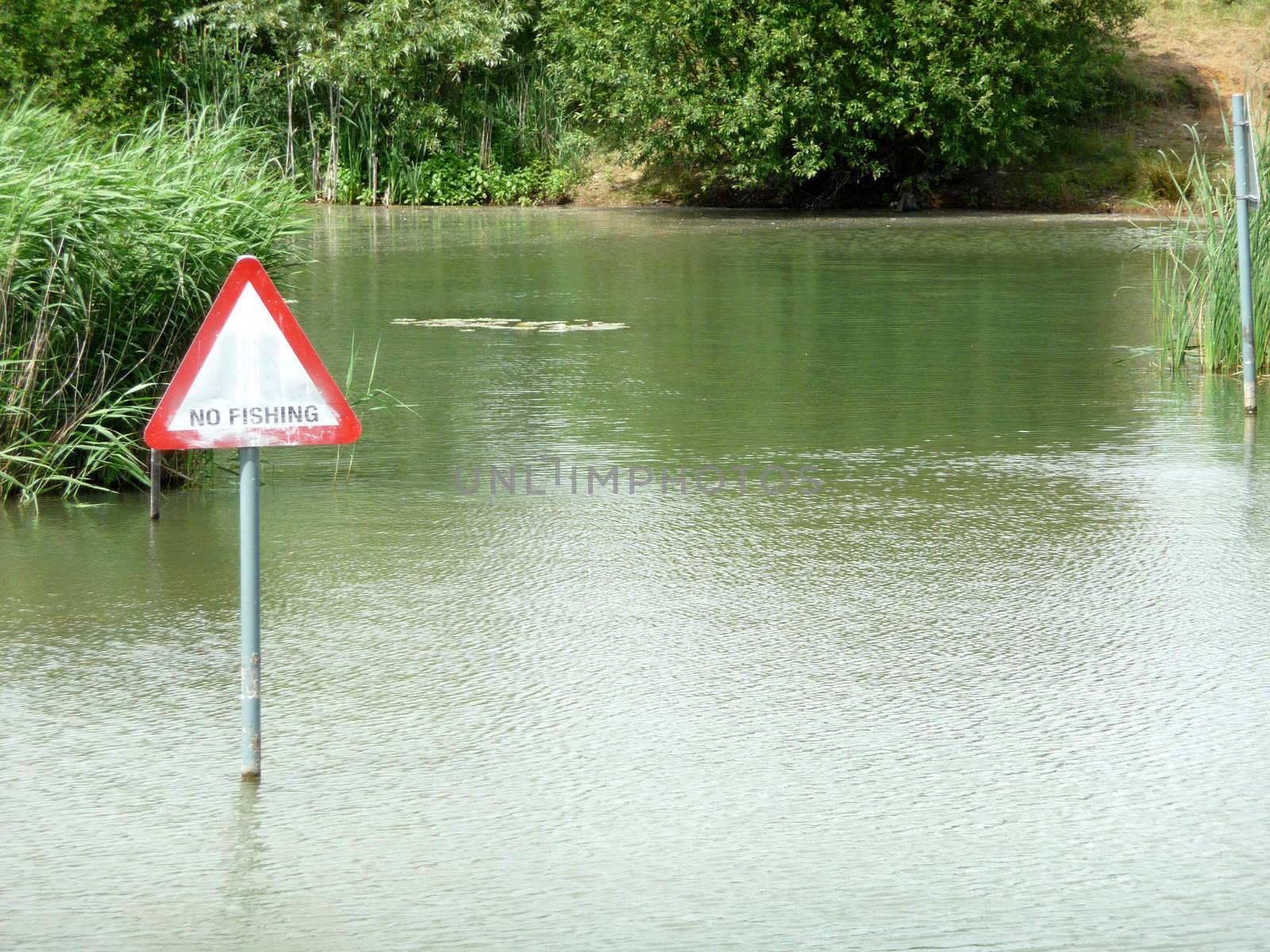 A no fishing sign in the middle of a lake.