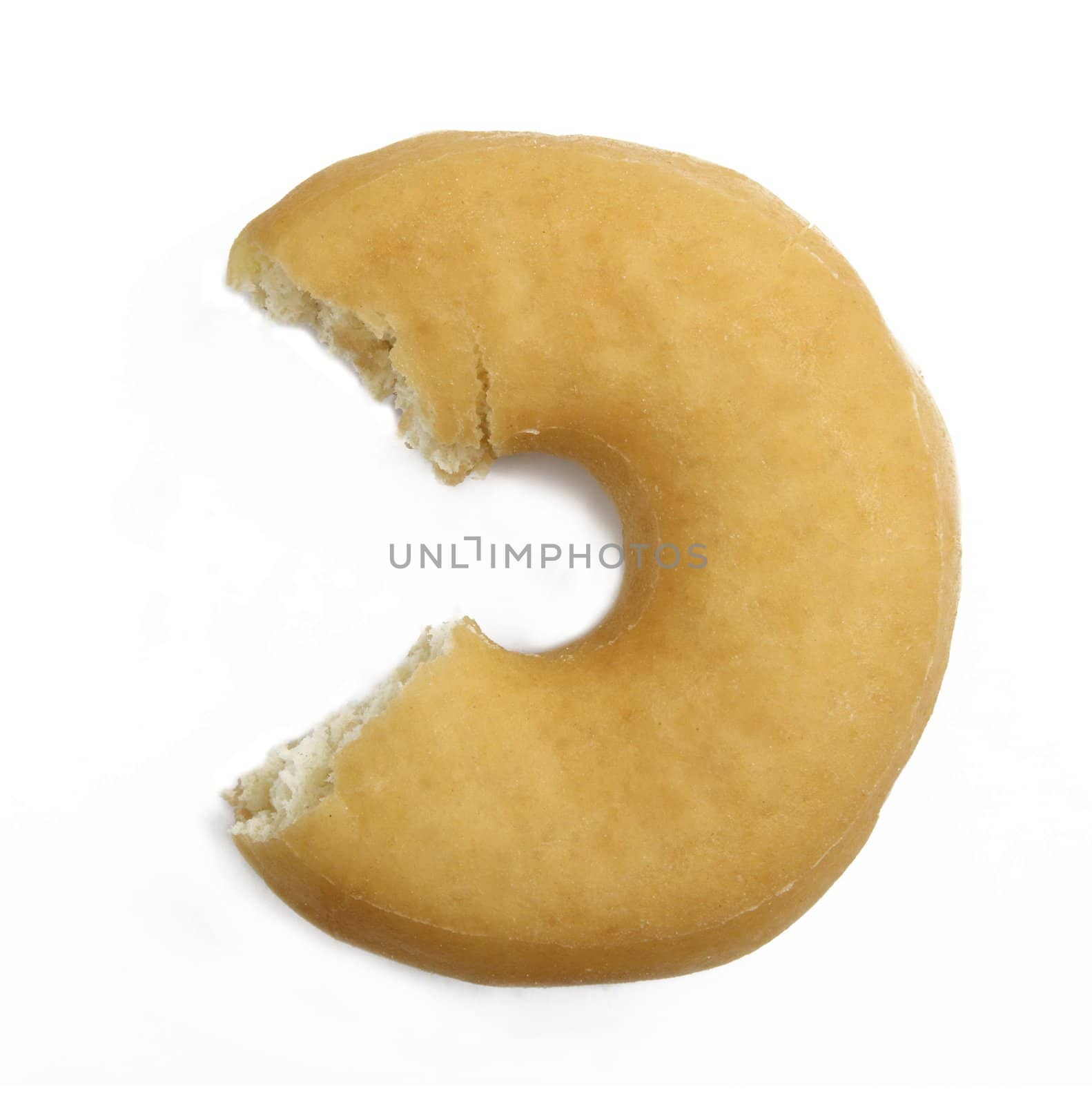 Juicy doughnut with missing bite isolated on white background
