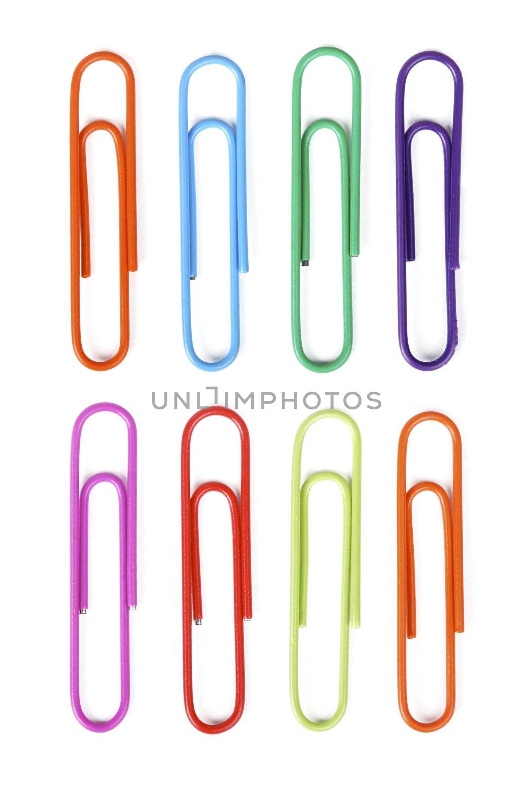 Multi colored paper clips isolated on white background - large XXL file
