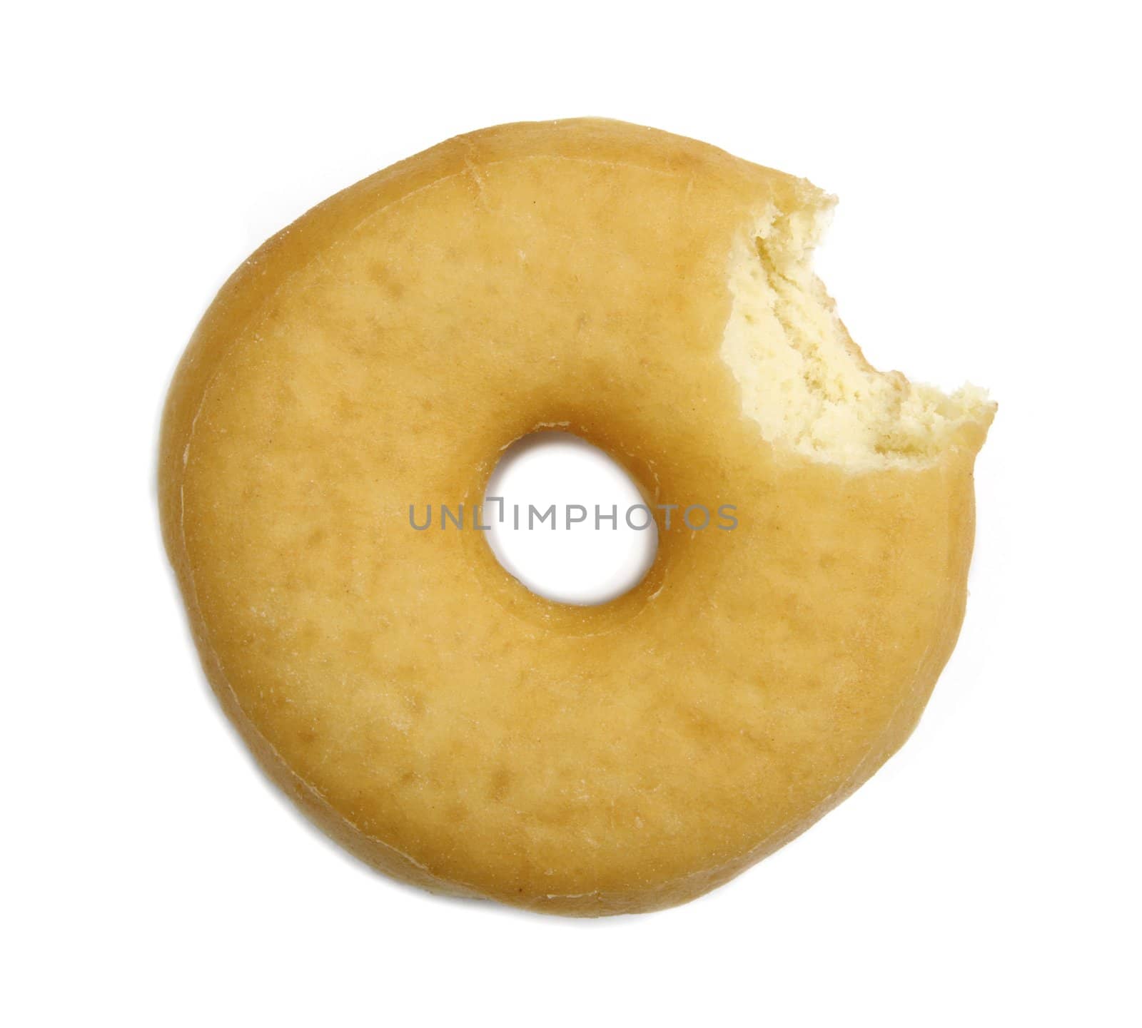 Juicy doughnut with missing bite isolated on white background