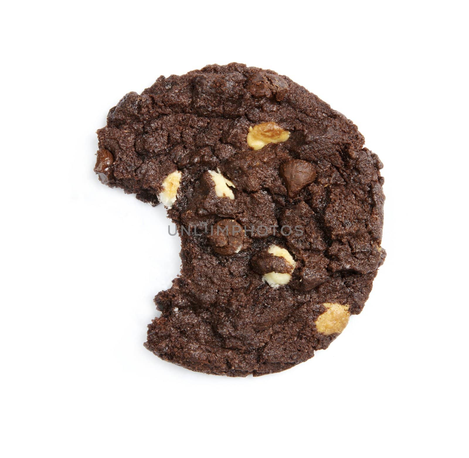 Delicious choclated chips cookie with bite missing isolated on white background