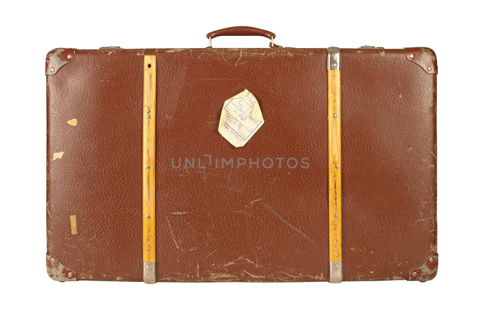 Old and worn retro suitcase isolated on white background