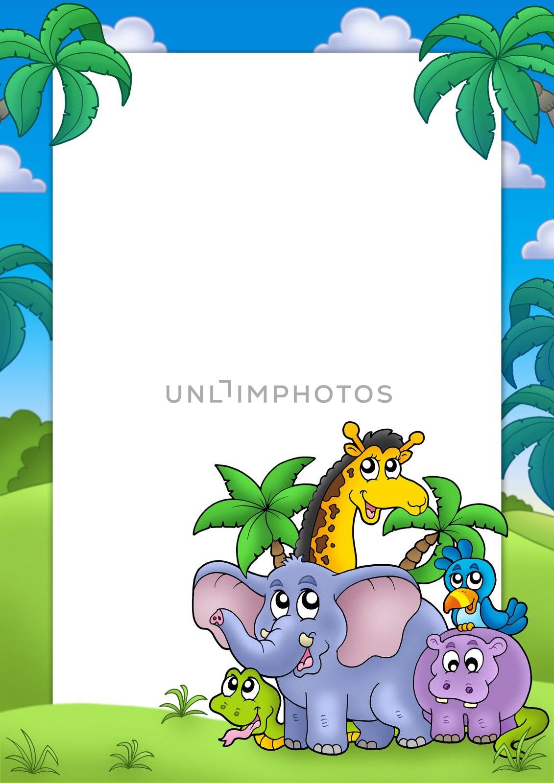 African frame with group of animals - color illustration.