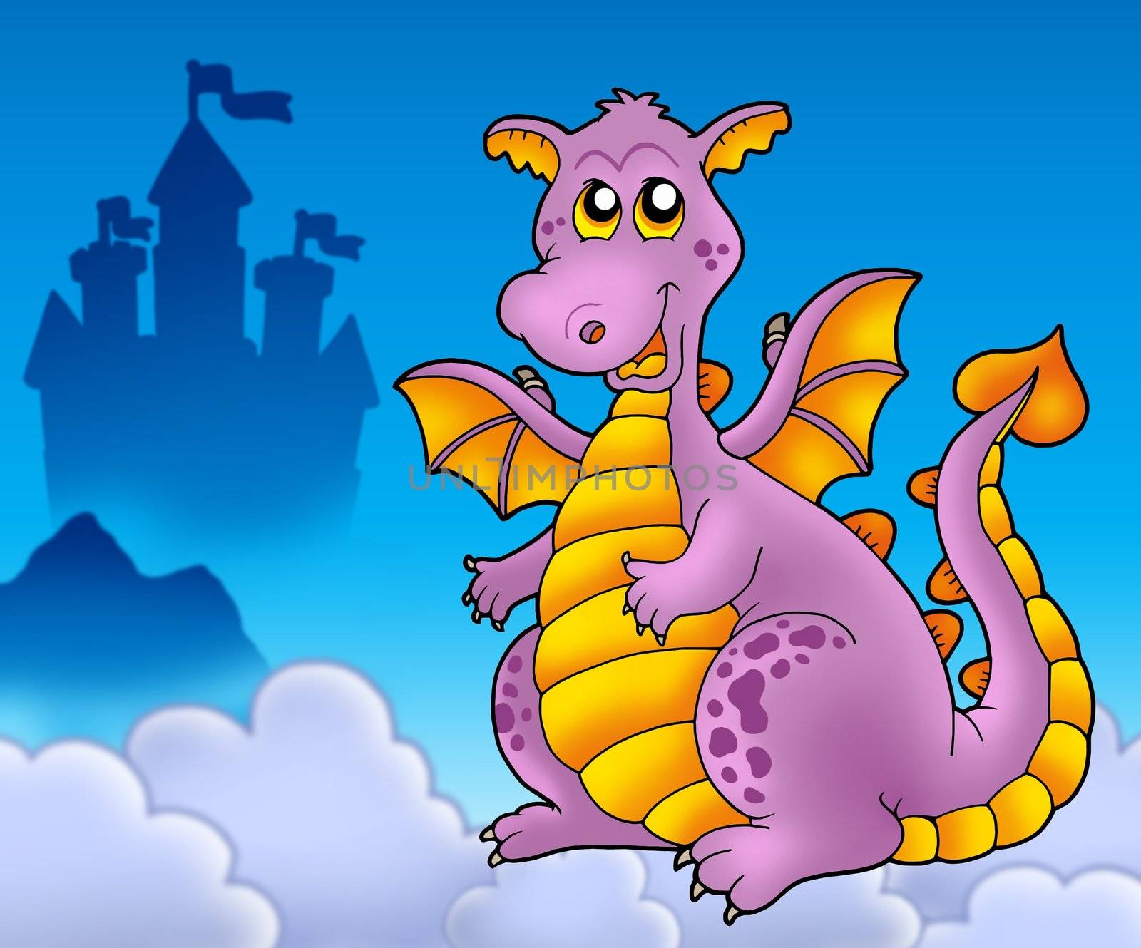 Big purple dragon with castle - color illustration.