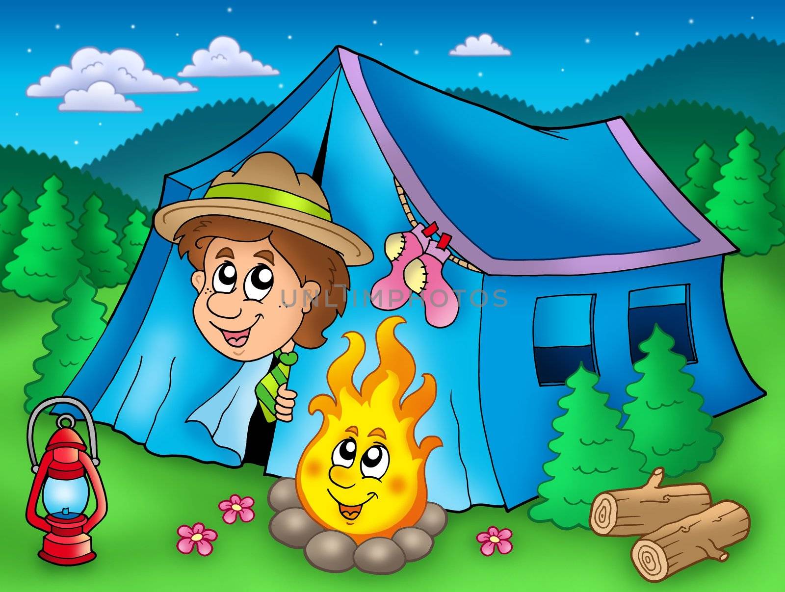 Cartoon scout boy in tent - color illustration.