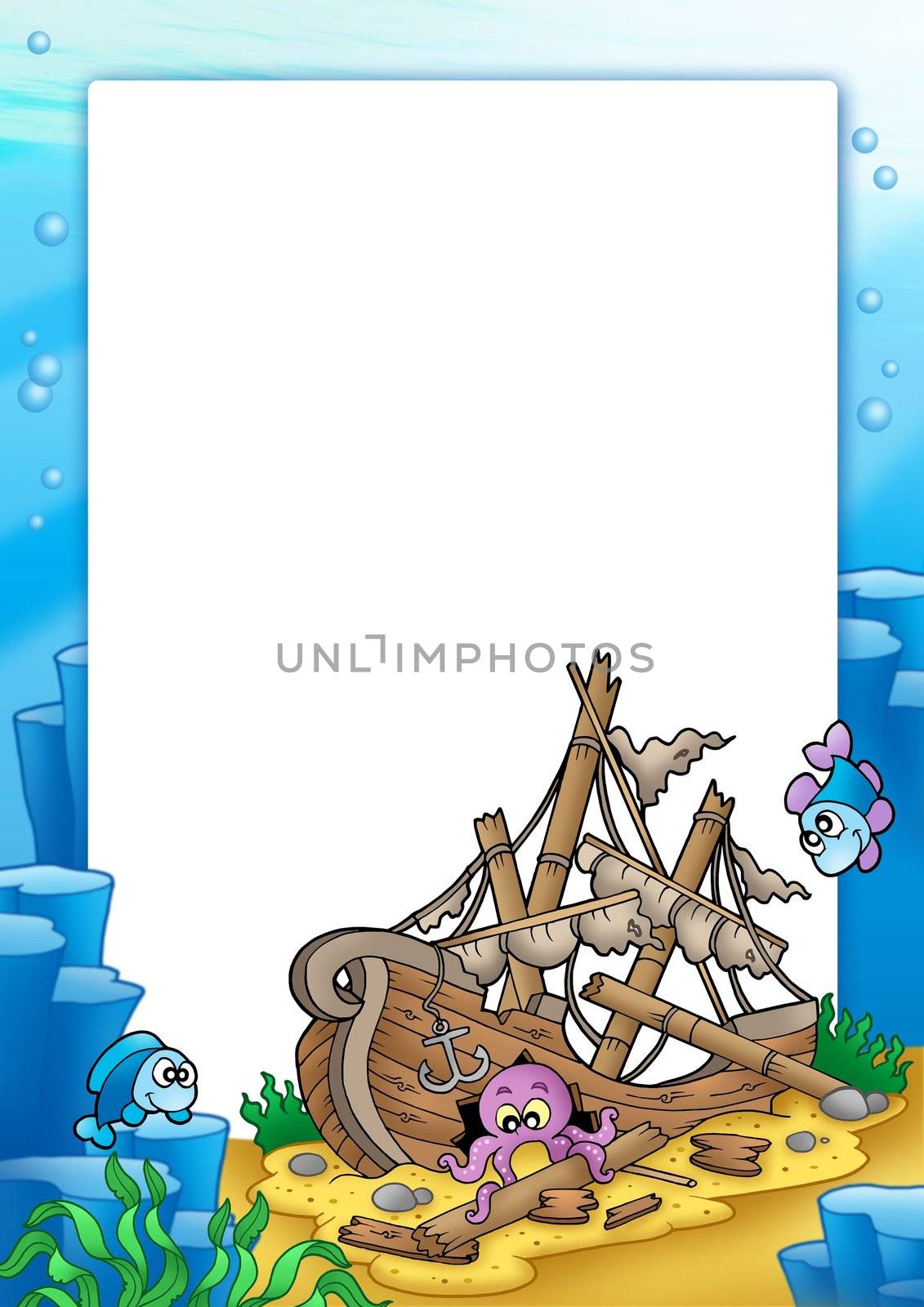Frame with shipwreck in sea - color illustration.