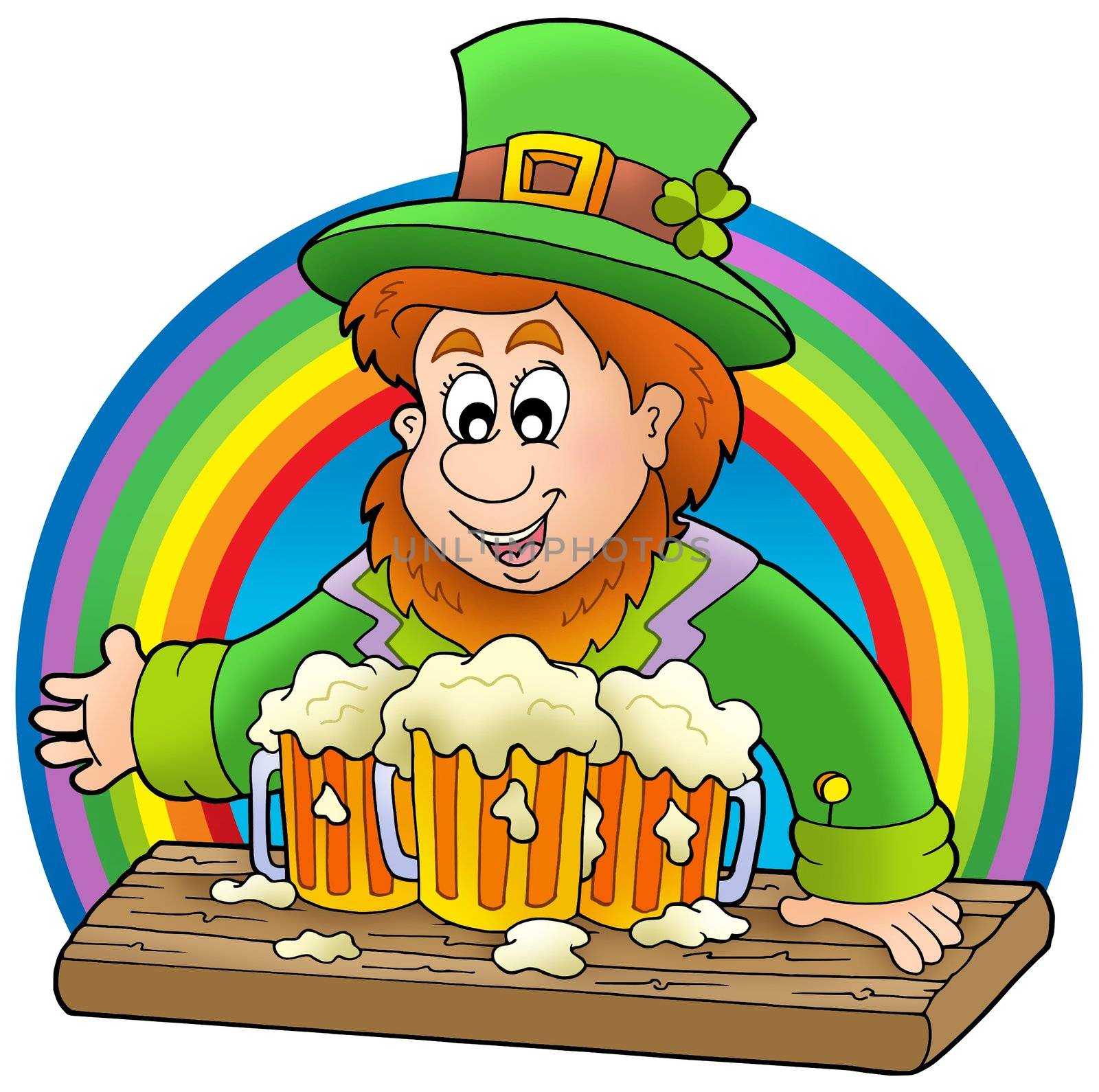 Leprechaun with beers and rainbow - color illustration.