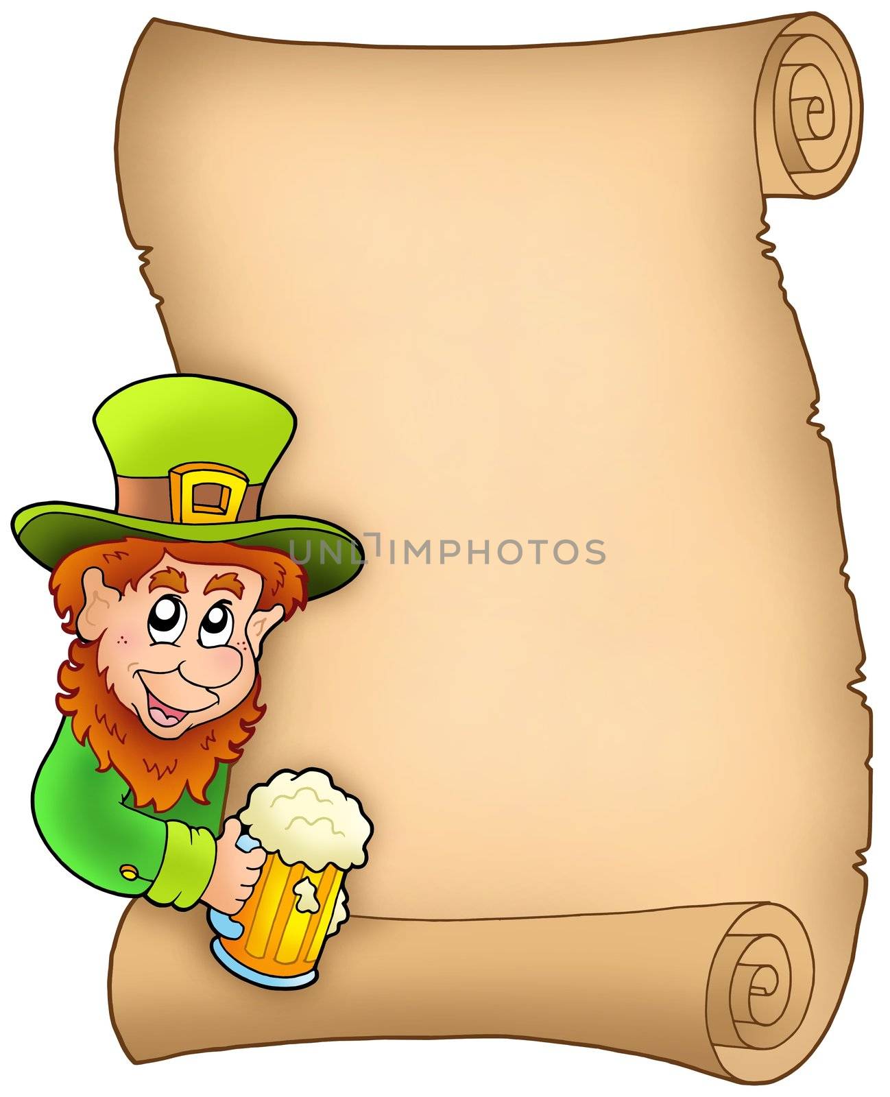 Parchment with leprechaun and beer - color illustration.