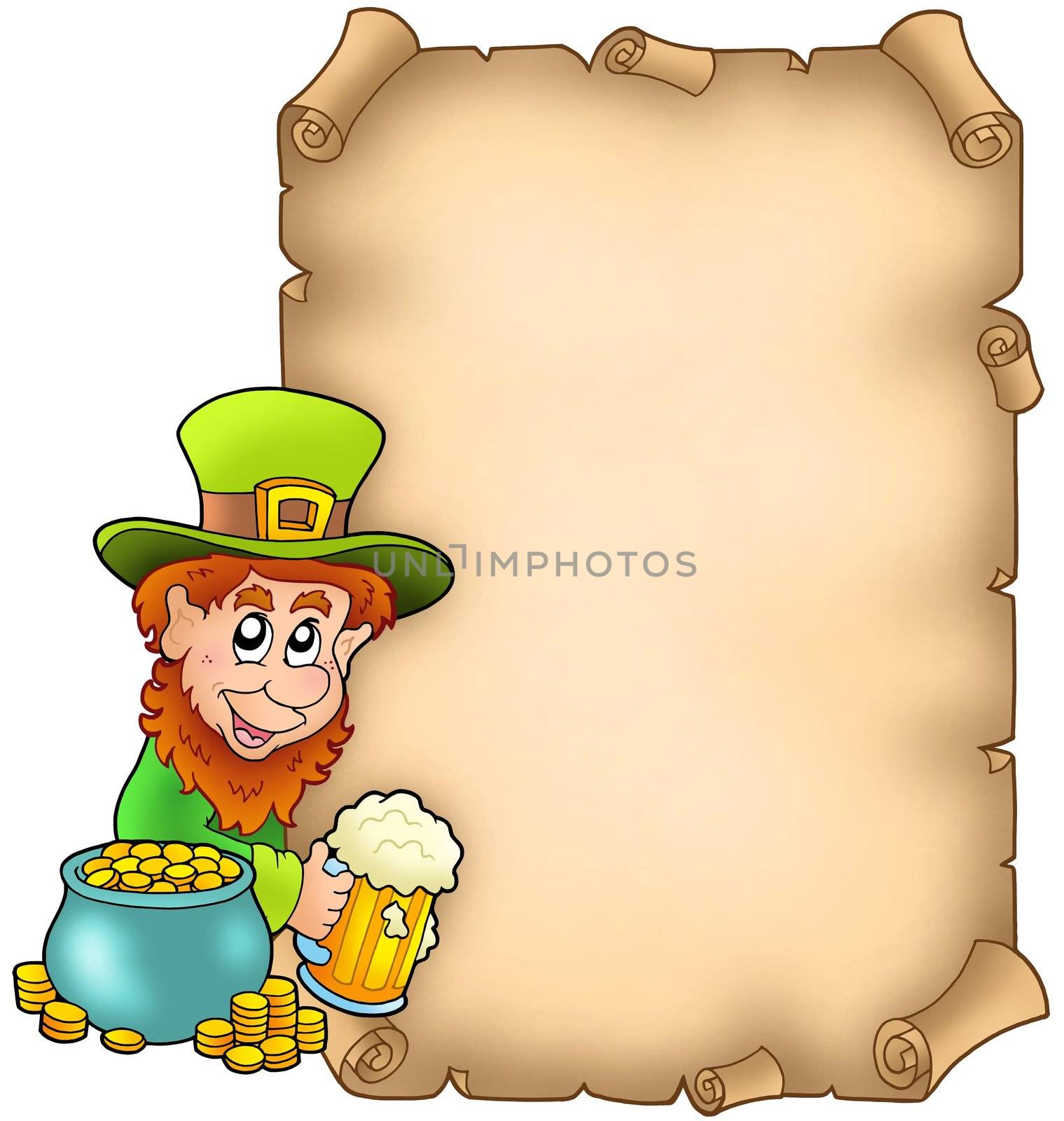 Parchment with leprechaun and gold - color illustration.