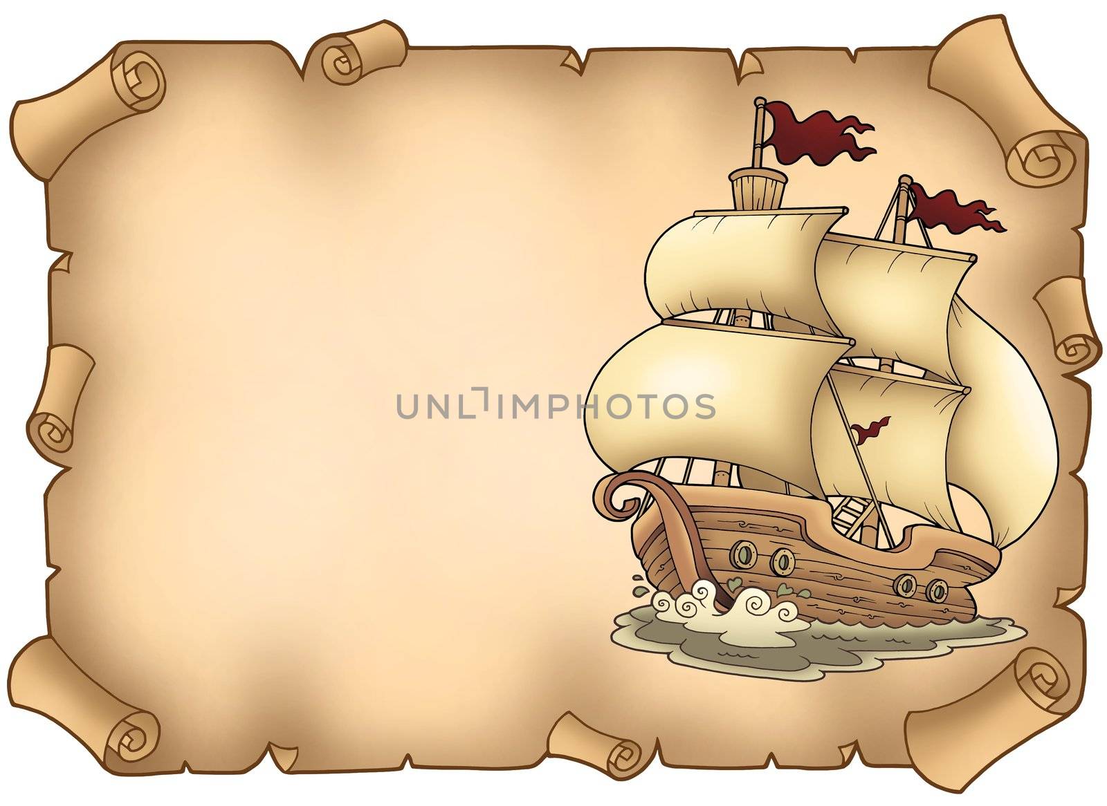 Parchment with old sailboat - color illustration.