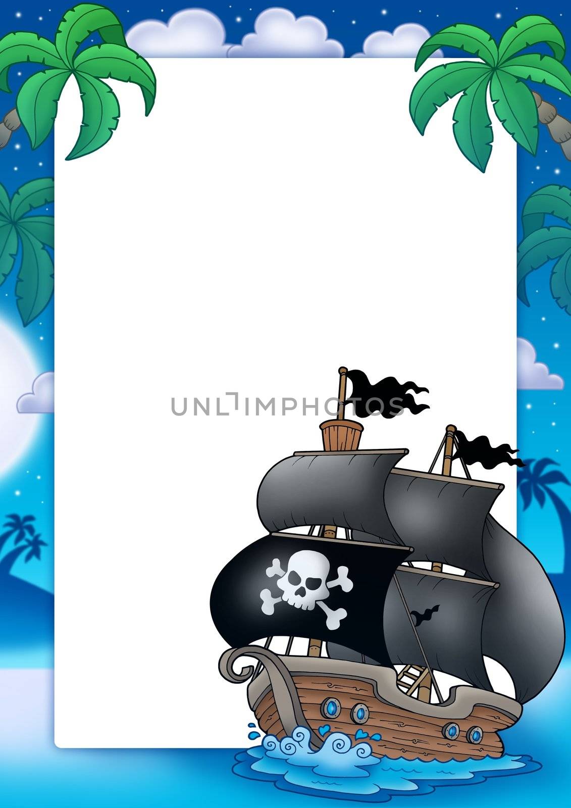 Pirate frame with sailboat at night - color illustration.