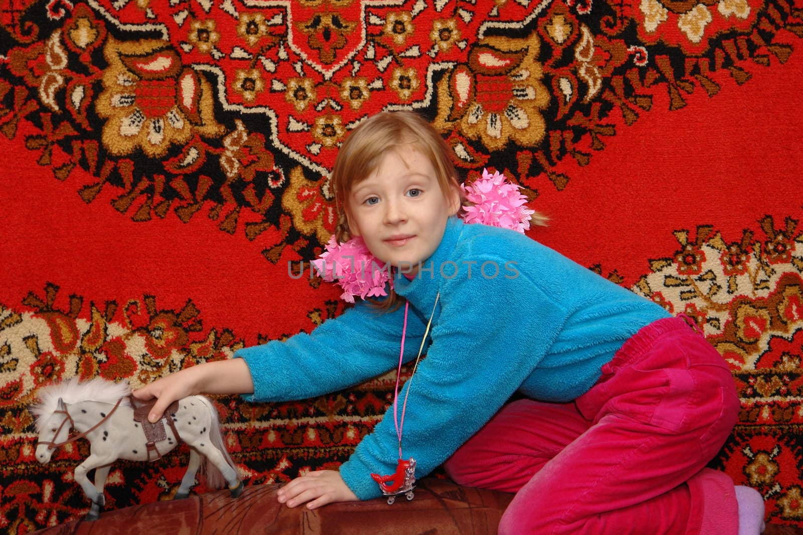 The girl in a dark blue sweater on a red background
