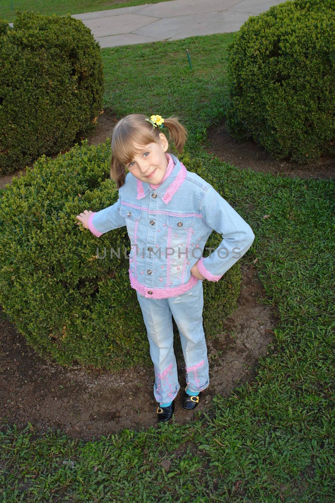 The girl in a blue dress plays near green bushes 