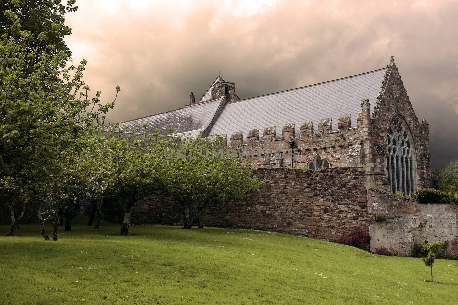 an old irish church as viewed from the orchard