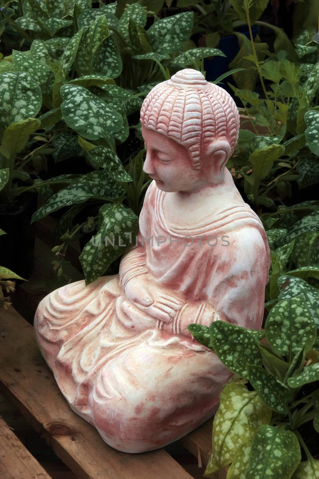 a sculpture of buddha surrounded by green plants