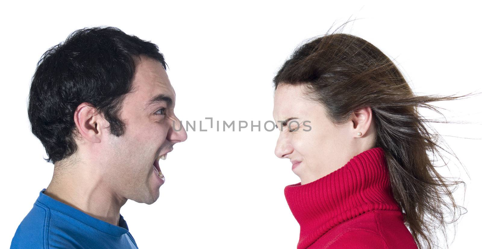 A man screaming at her girlfriend on white background.