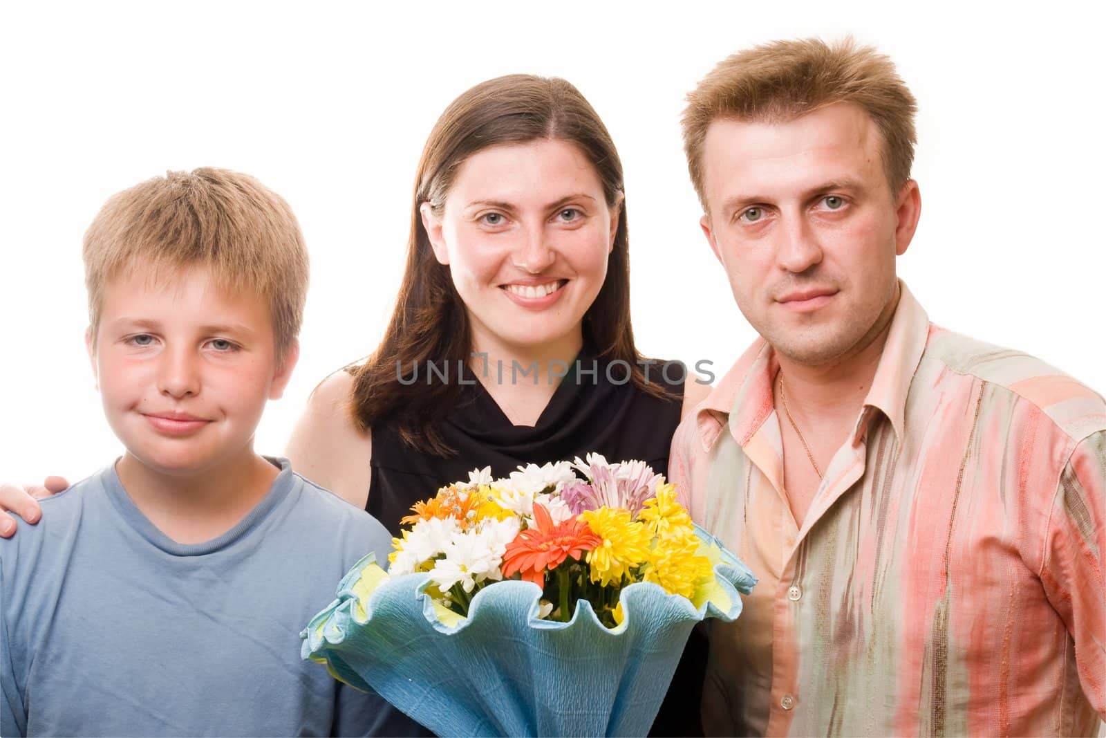 Mother, father and the son. Happy family on a white background