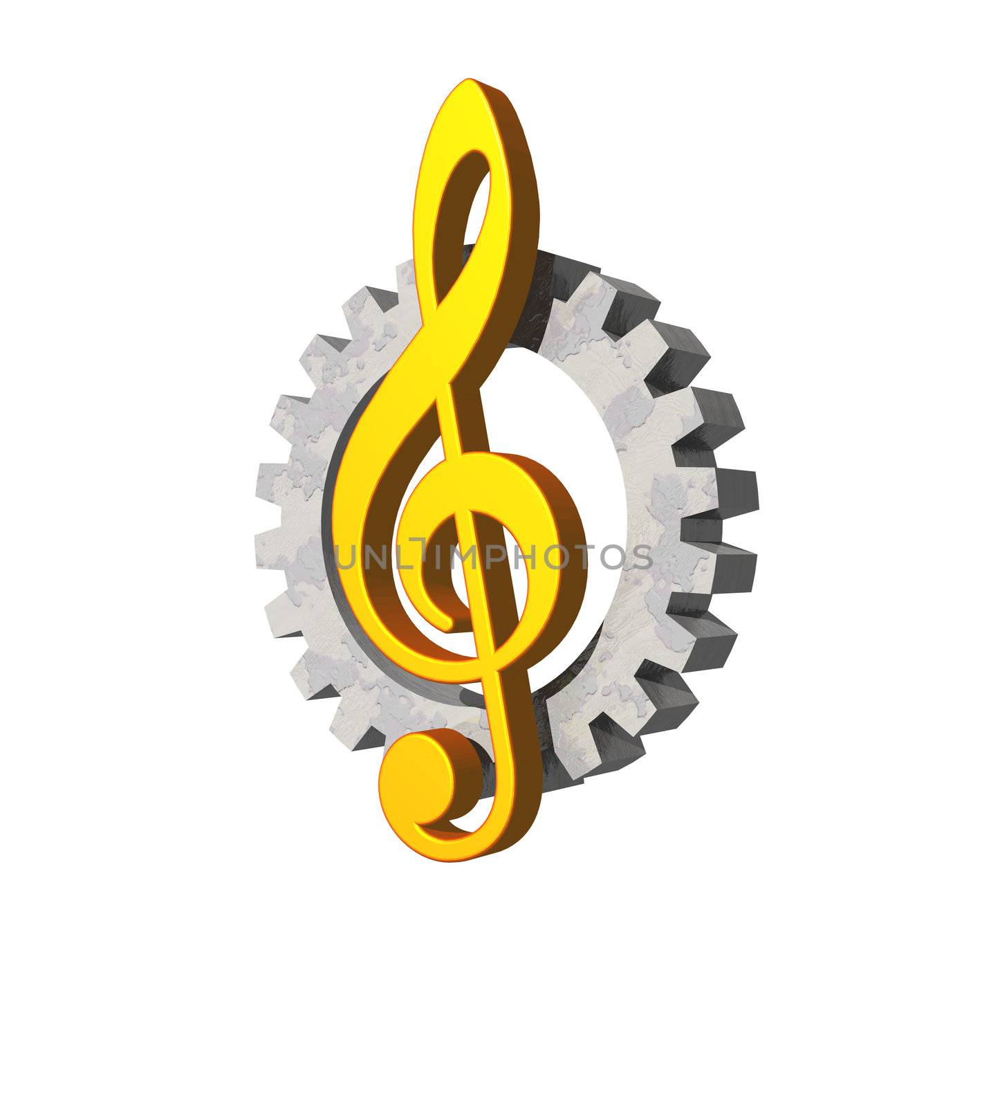 note key and gearwheel on white background - industrial music logo - 3d illustration