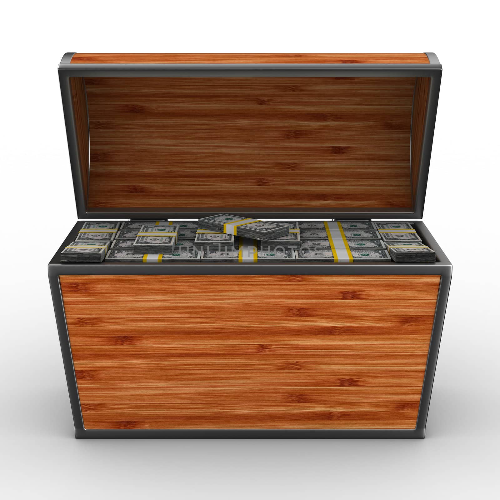 Open box with dollars on white background. Isolated 3D image.