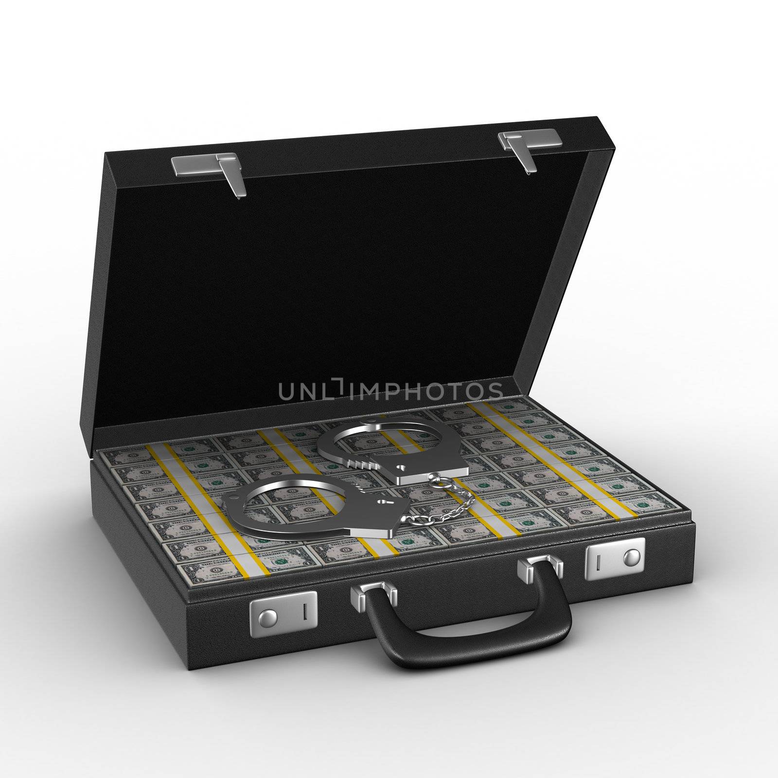 Criminal money in suitcase. Isolated 3D image