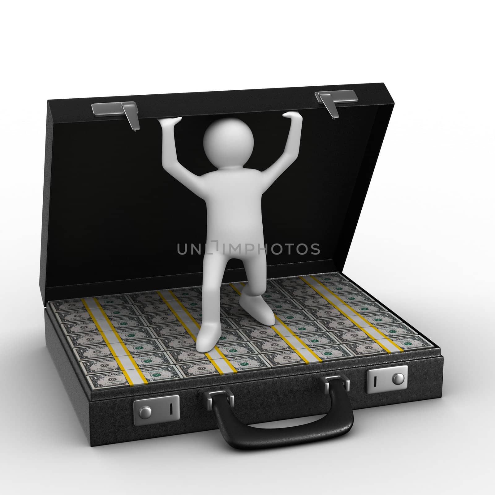 Open suitcase with dollars on white background. Isolated 3D image